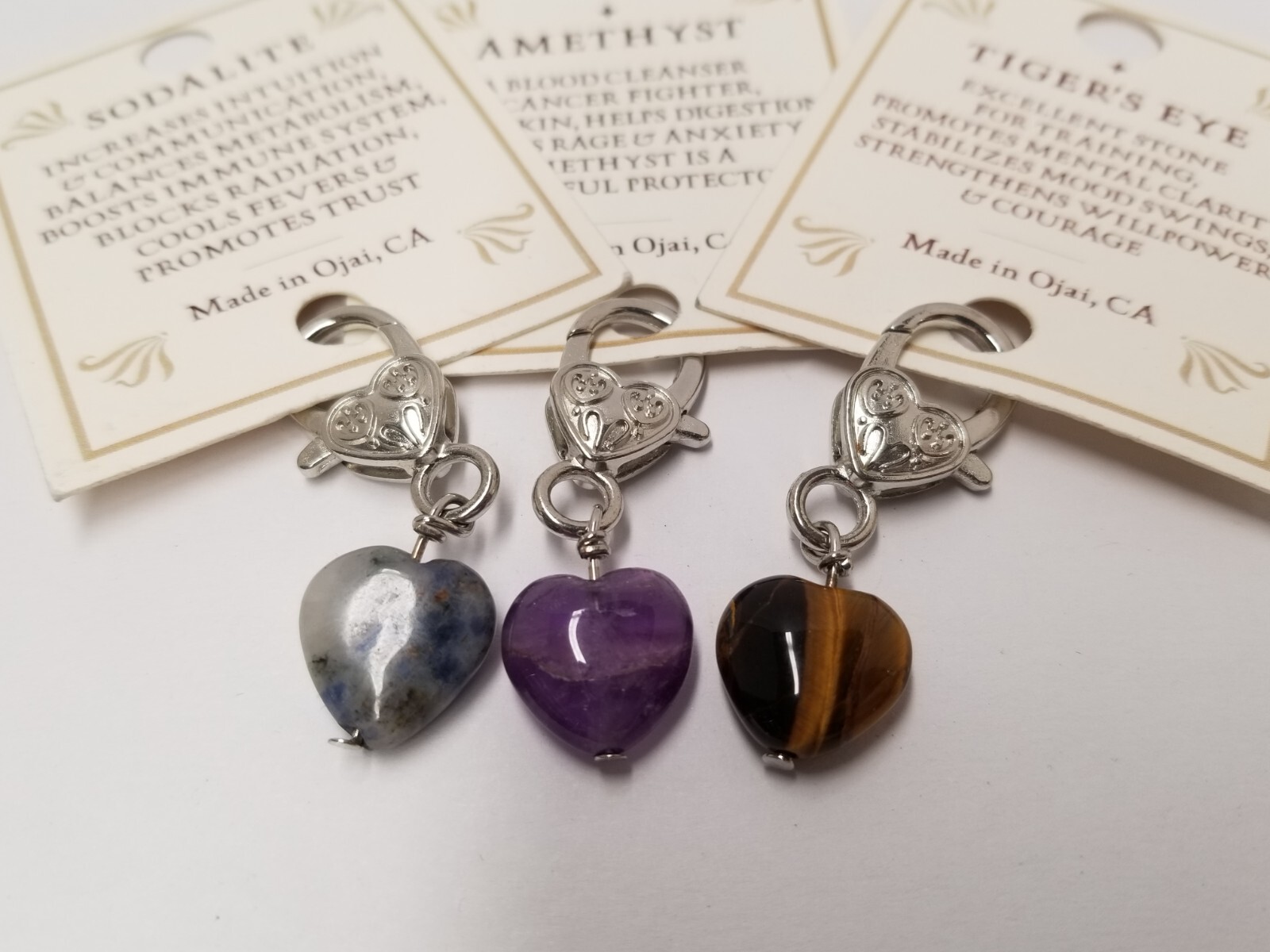 Sodalite, Amethyst, & Tiger’s Eye Crystal Heart Pet Collar Charms (3 Pack)