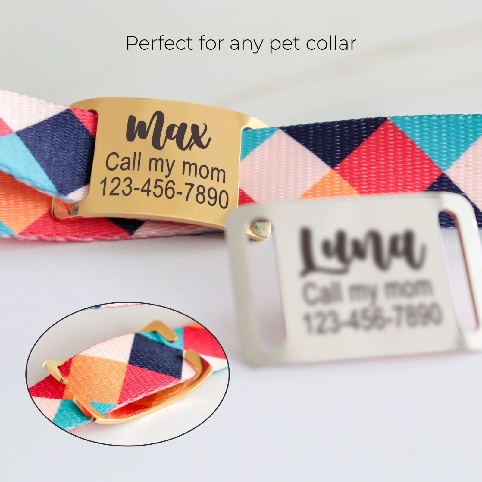 Personalized Slide on Silent Pets Name ID Tags for Dog Cat Martingale Collar