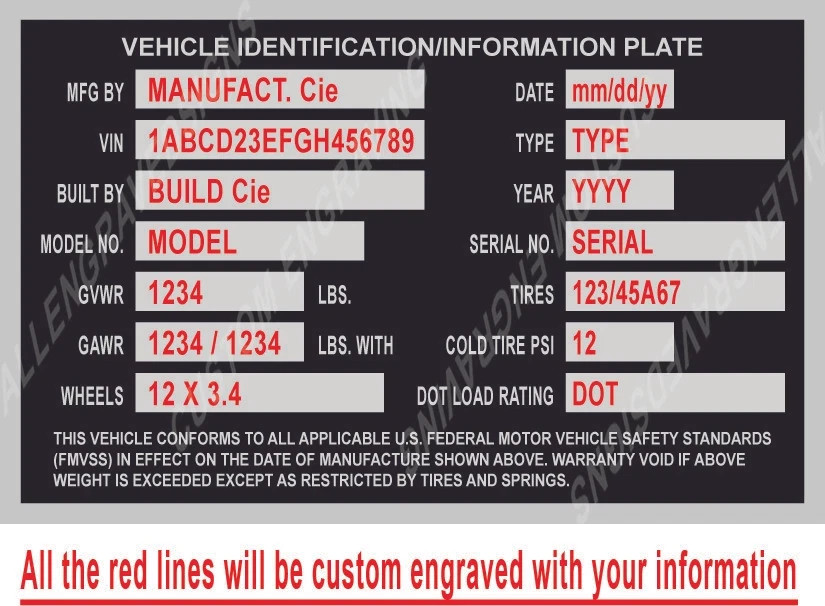 Custom Engraved Aluminum Car Hauler Semi Trailer ID Serial Tag Data Plate 14Line
