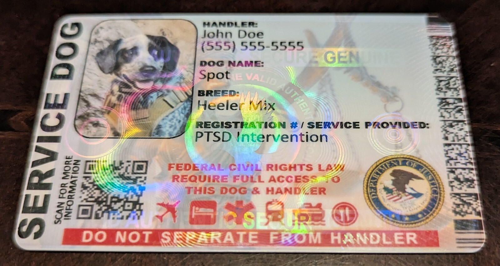 HOLOGRAPHIC SERVICE DOG ID CARD – CUSTOMIZABLE 1 SIDED PHYSICAL & DIGITAL LJ