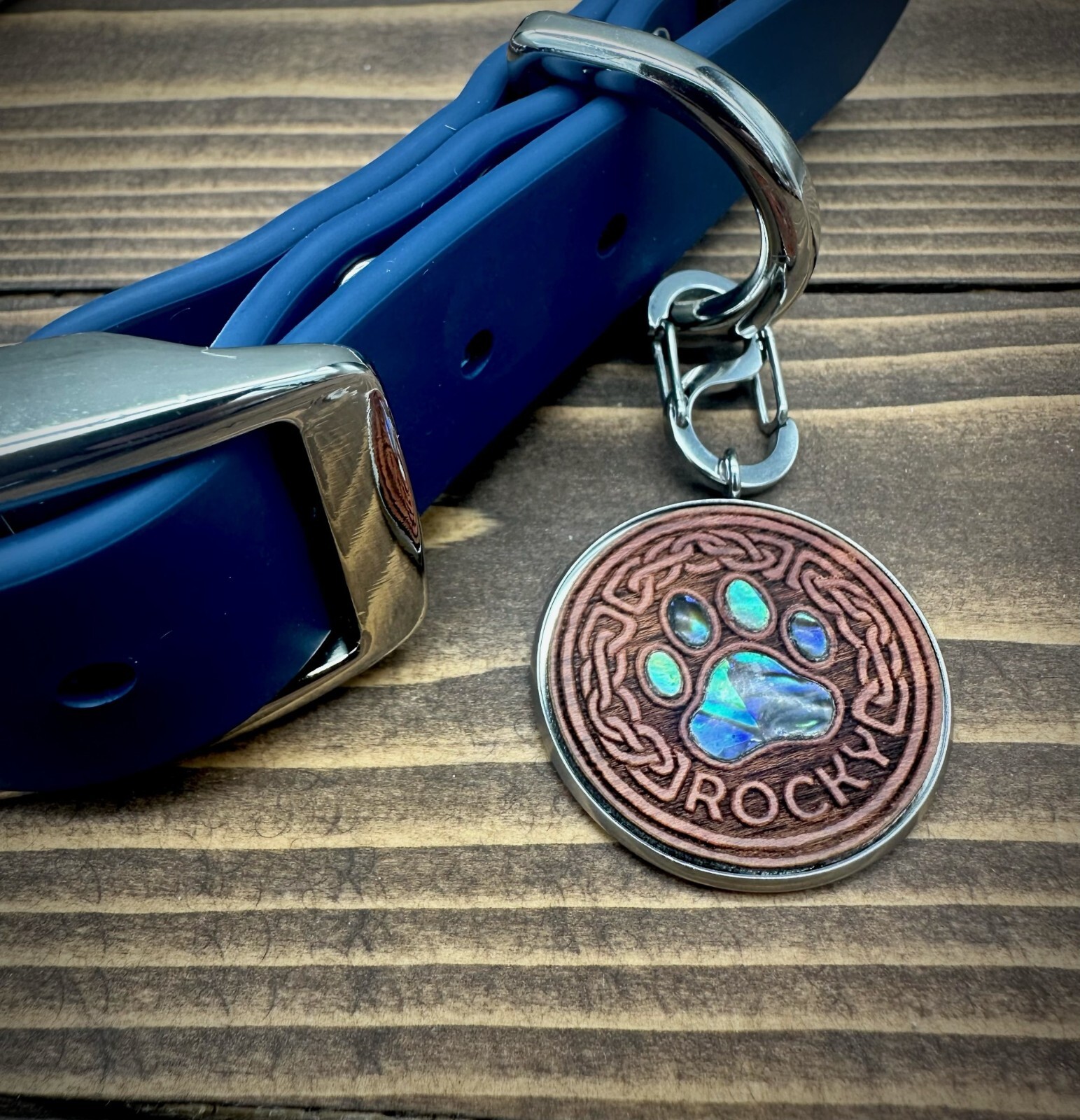 Wood dog id tags engraved