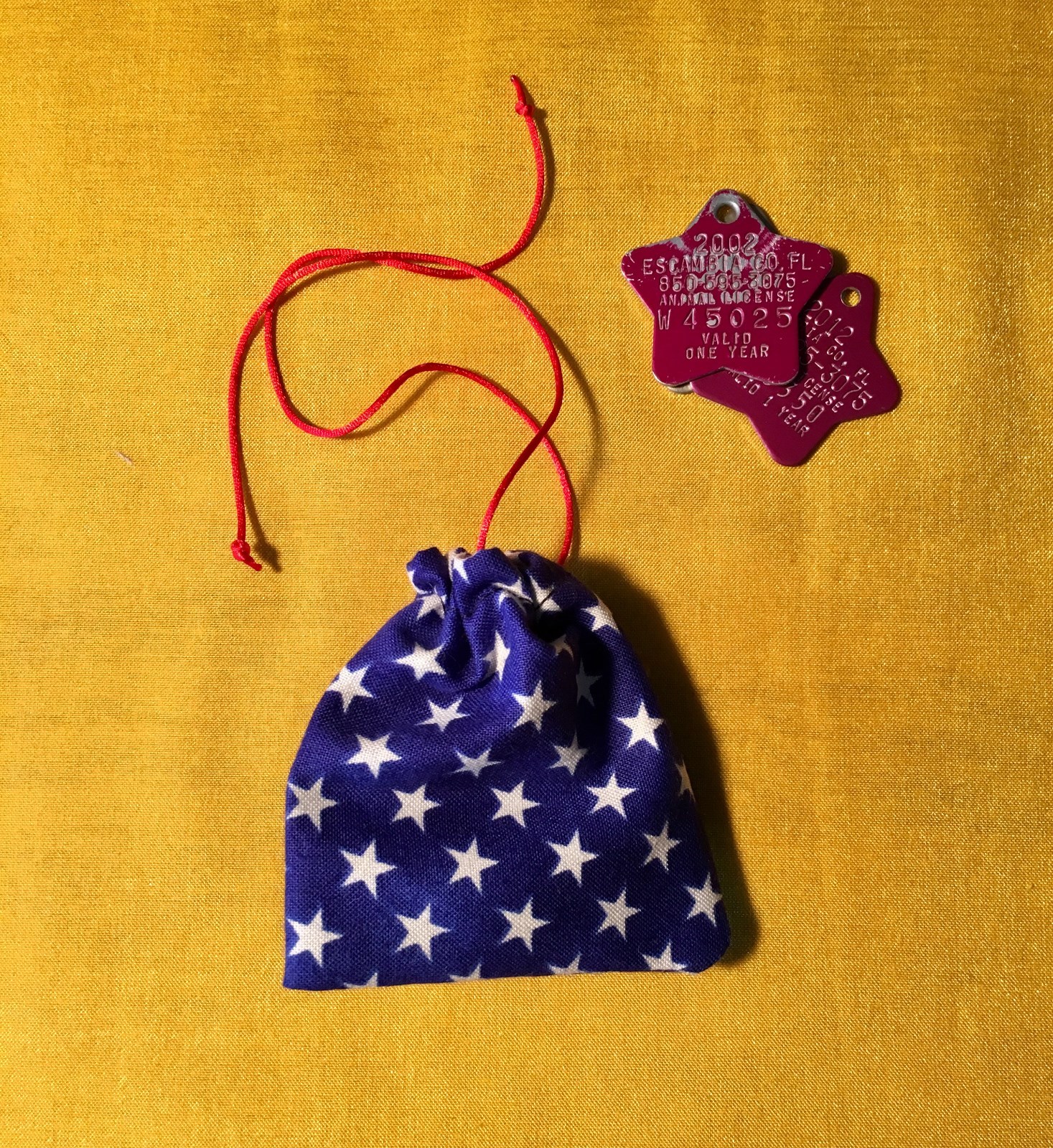Handmade Dog Cat Flag Tag Bags, Blue with Stars, Patriotic, Covers Collar Tags