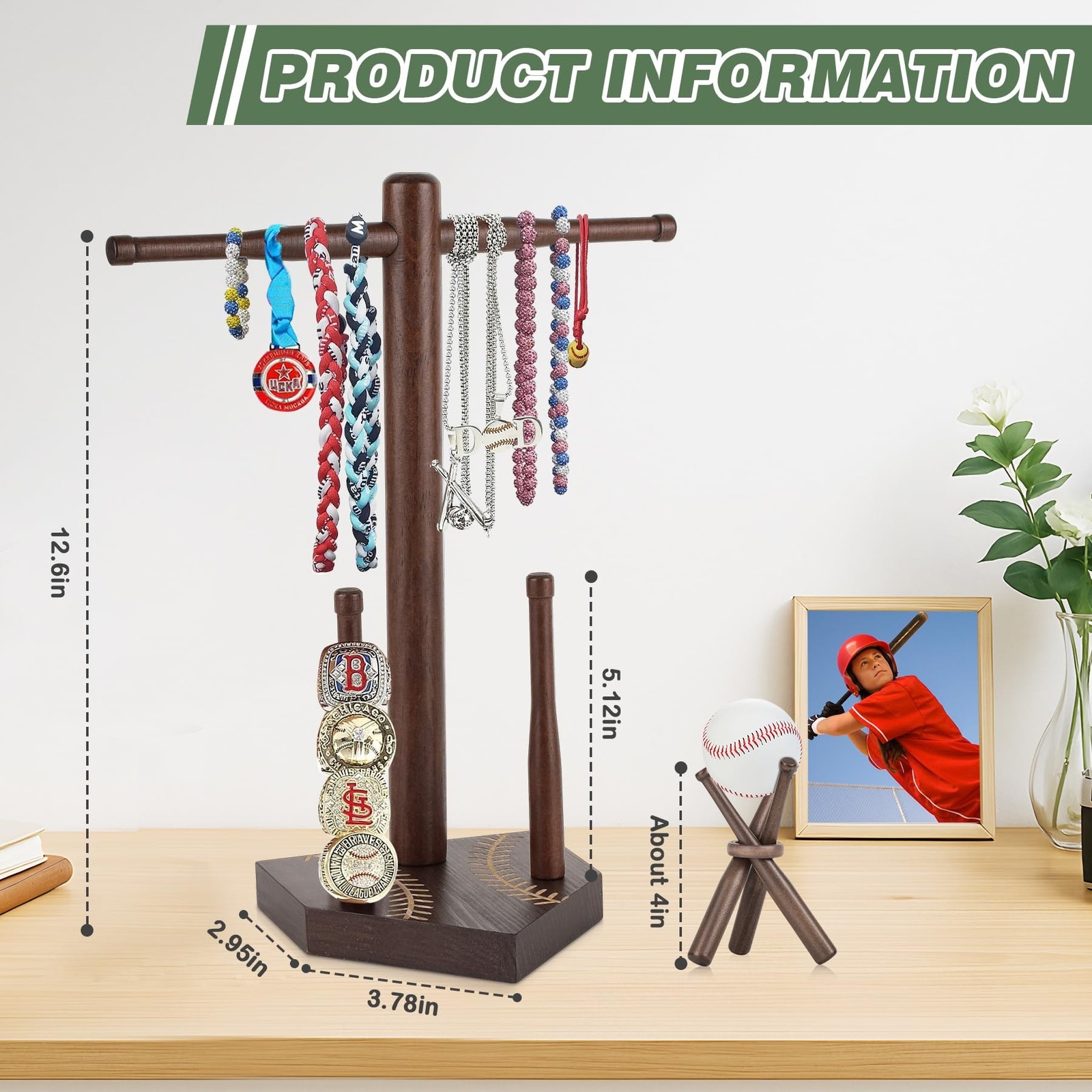Baseball Ring & Drip Necklace Holder, Wooden Baseball or Softball Ring Displa…