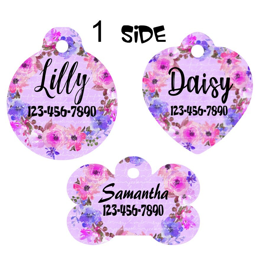 Pet ID Tag Floral Personalized Custom Double Sided Pet Tag w/name & number