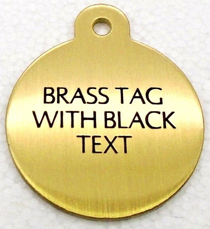 Pet Tags ~ Brass Bones, Discs & Hearts Pet Tags with Black Text pet id