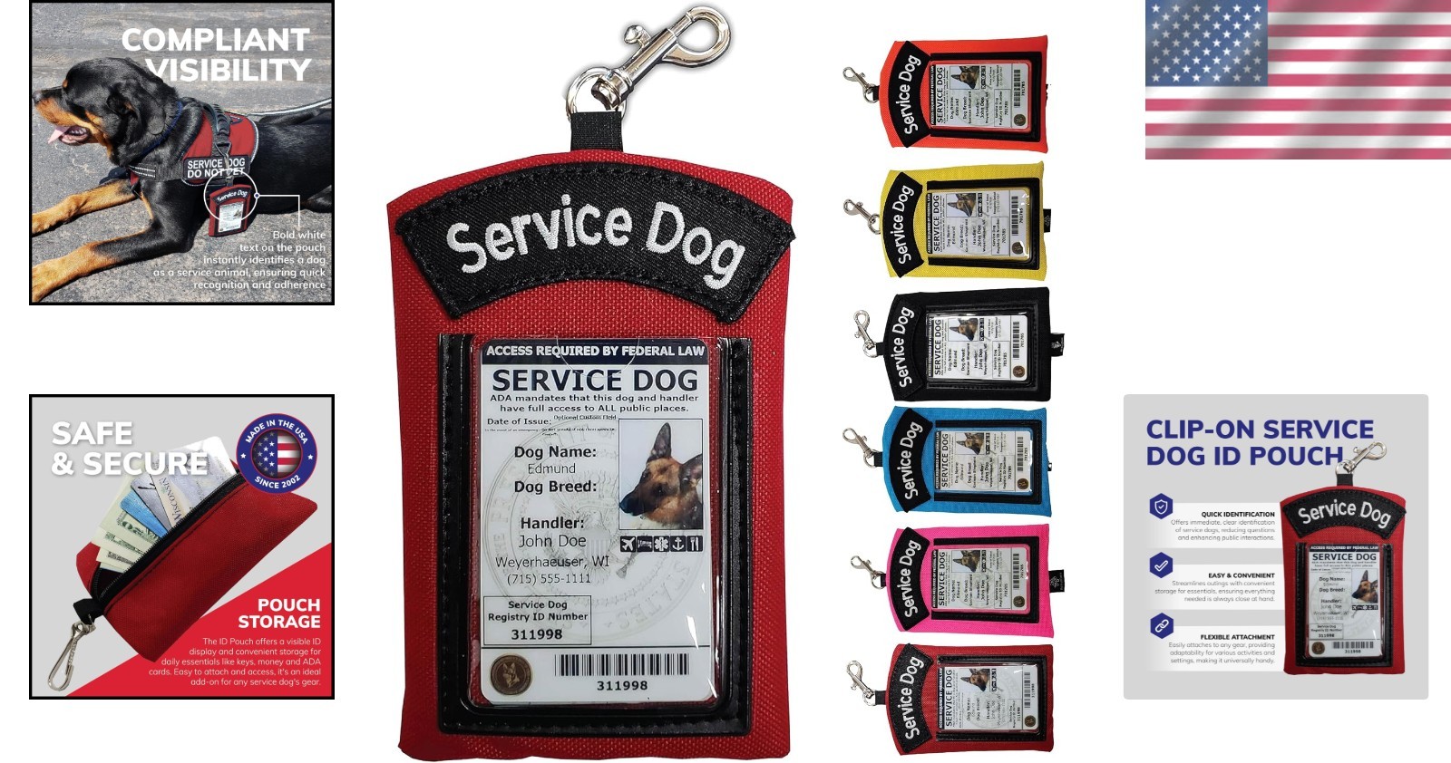 Compact Red Service Dog ID Badge Holder with Zippered Pocket & High Visibility