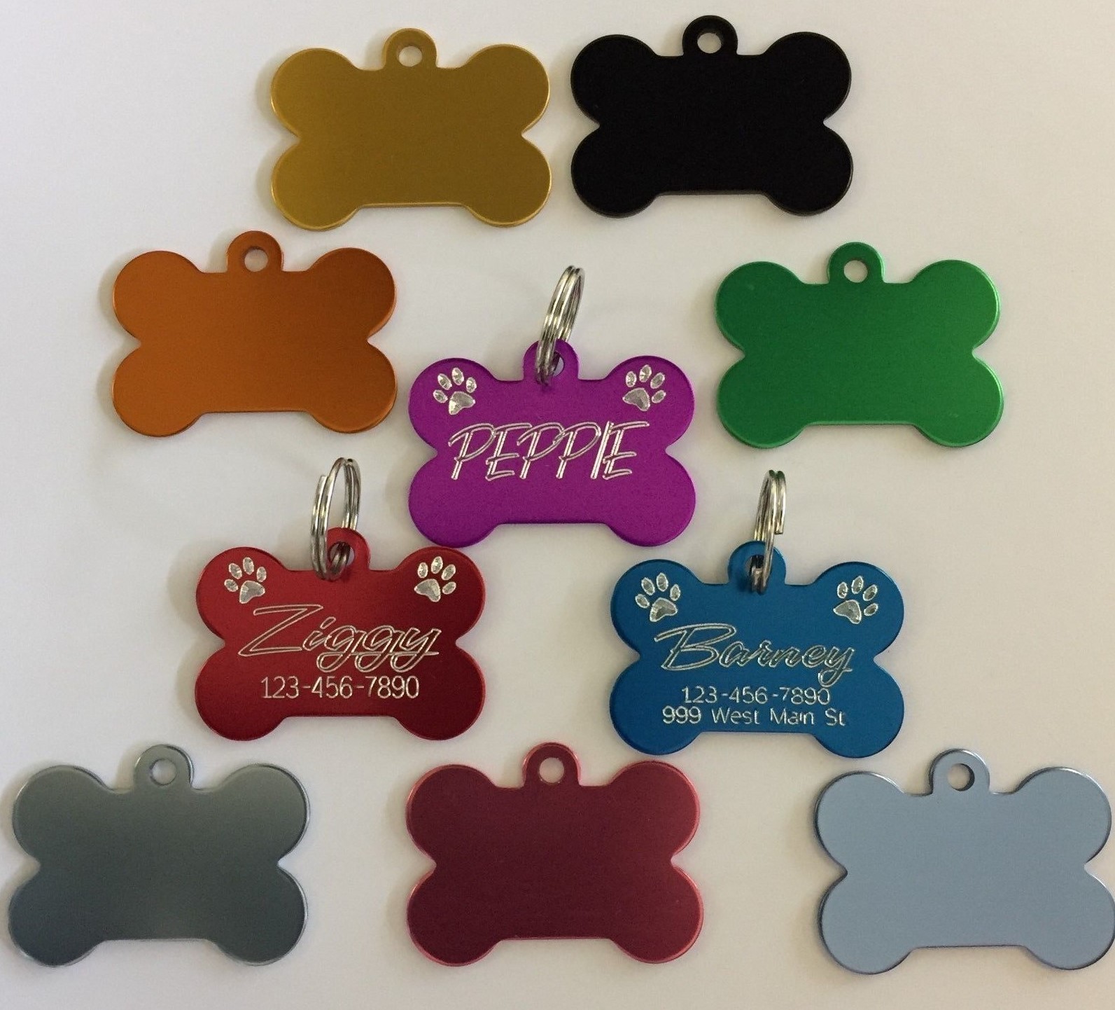 Custom Engraved Bone Paw Print Pet Tag Dog Cat ID Name Animal -10 COLORS PREMIUM