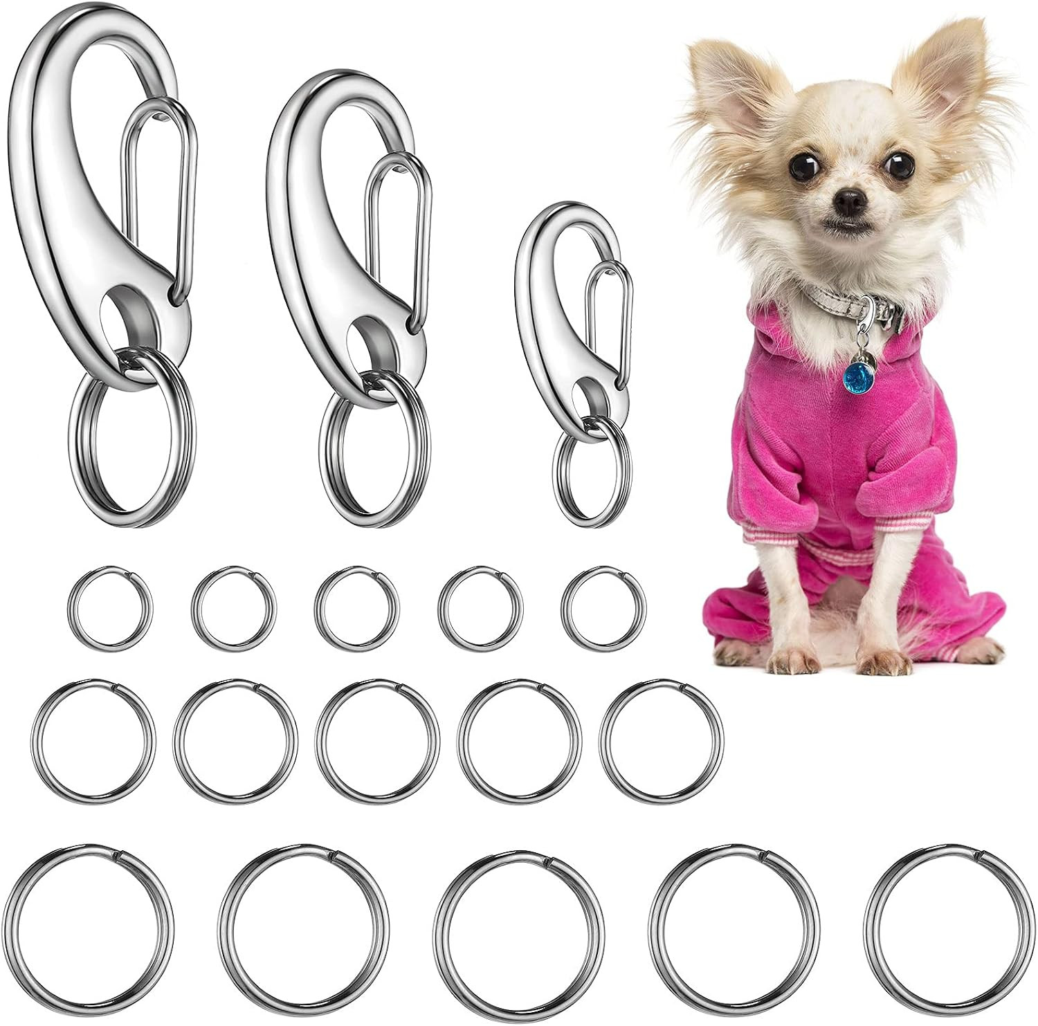 18 Pieces Leash Dog Tag Clip Pet ID Pet Tag Quick Clip Combos with Rings, Stainl