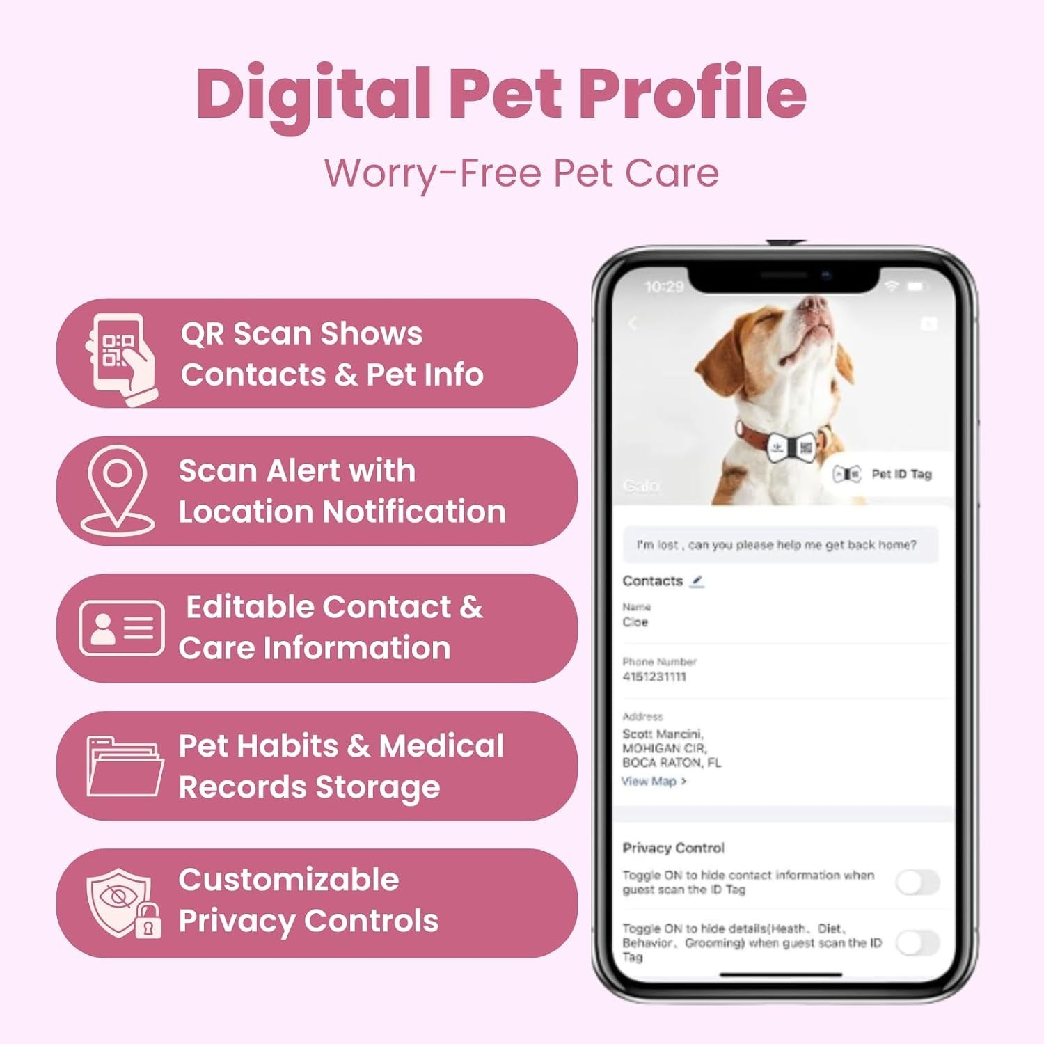 Smart Pet ID Tag, QR Code Dog Tag, No Subscription Fee, Waterproof Silent Sil…