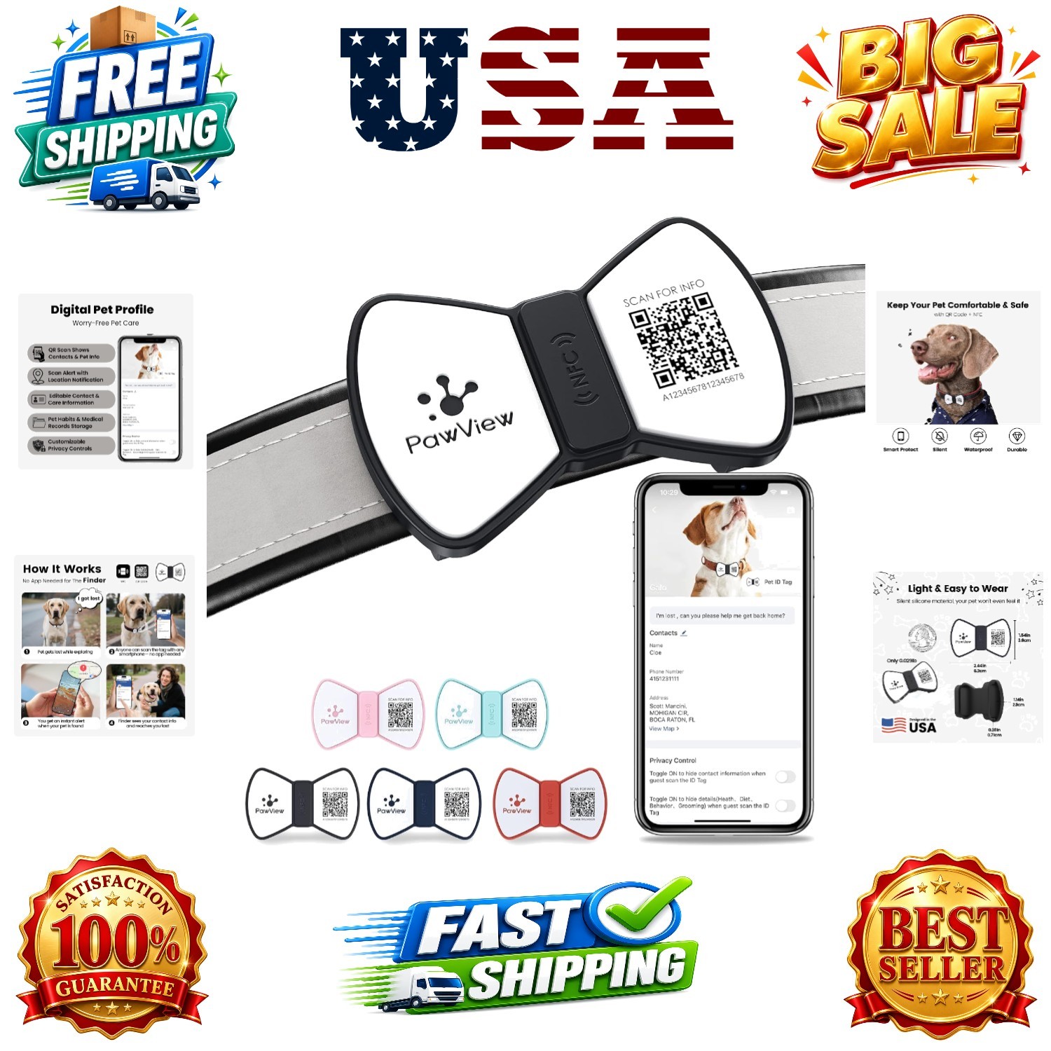 Smart Pet ID Tag, QR Code Dog Tag, No Subscription Fee, Waterproof Silent Sil…