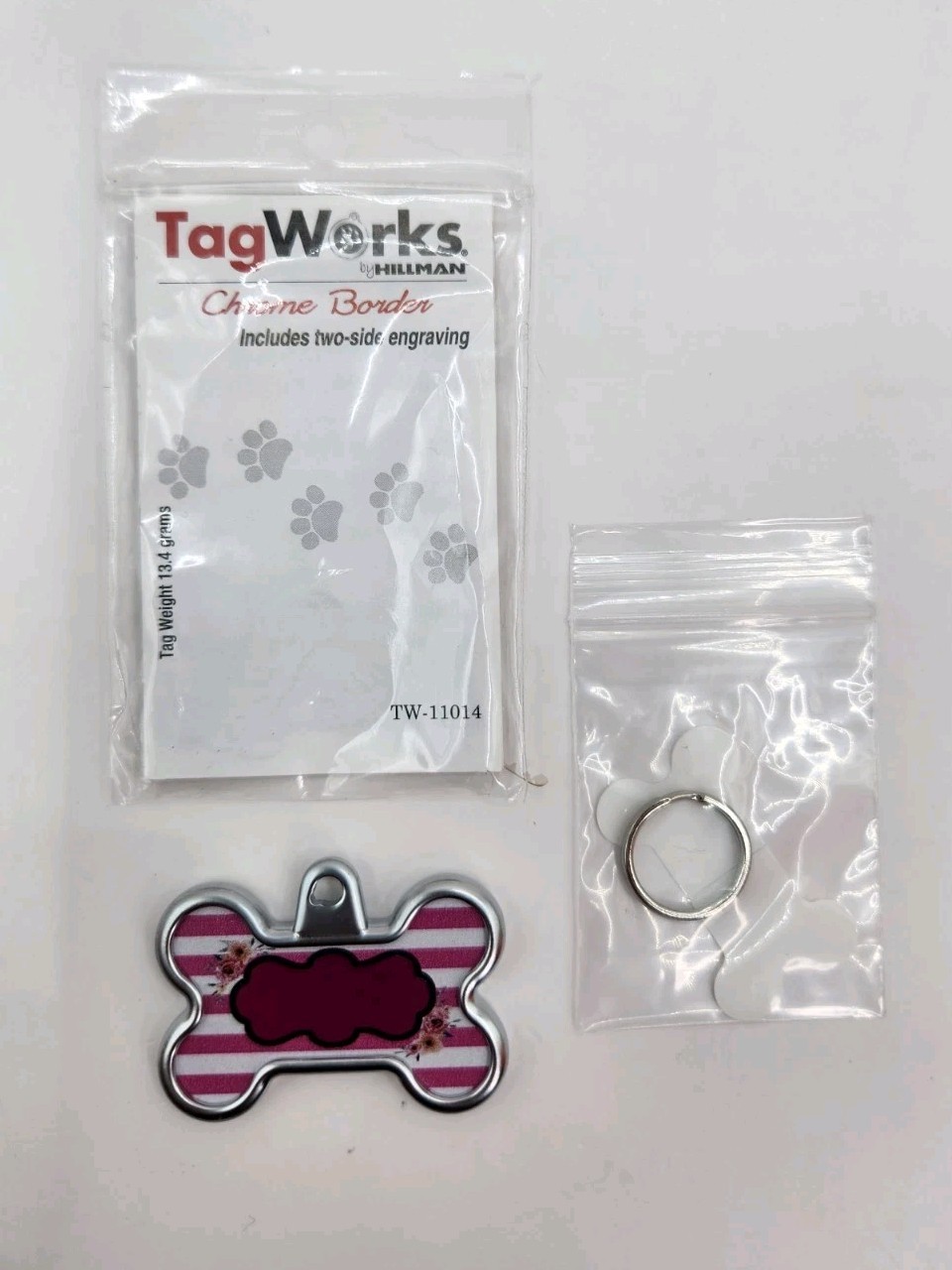 Dog Tag Works Custom Pink Stripe Floral Engravable New Pet Collar Charm Keychain