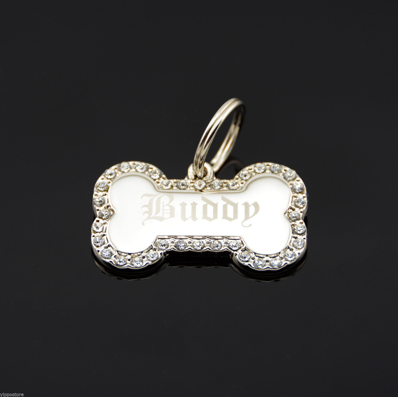 Custom Engraved Personalized Small Bone Shape w/ CZ Dog Metal Tag Pet ID Name