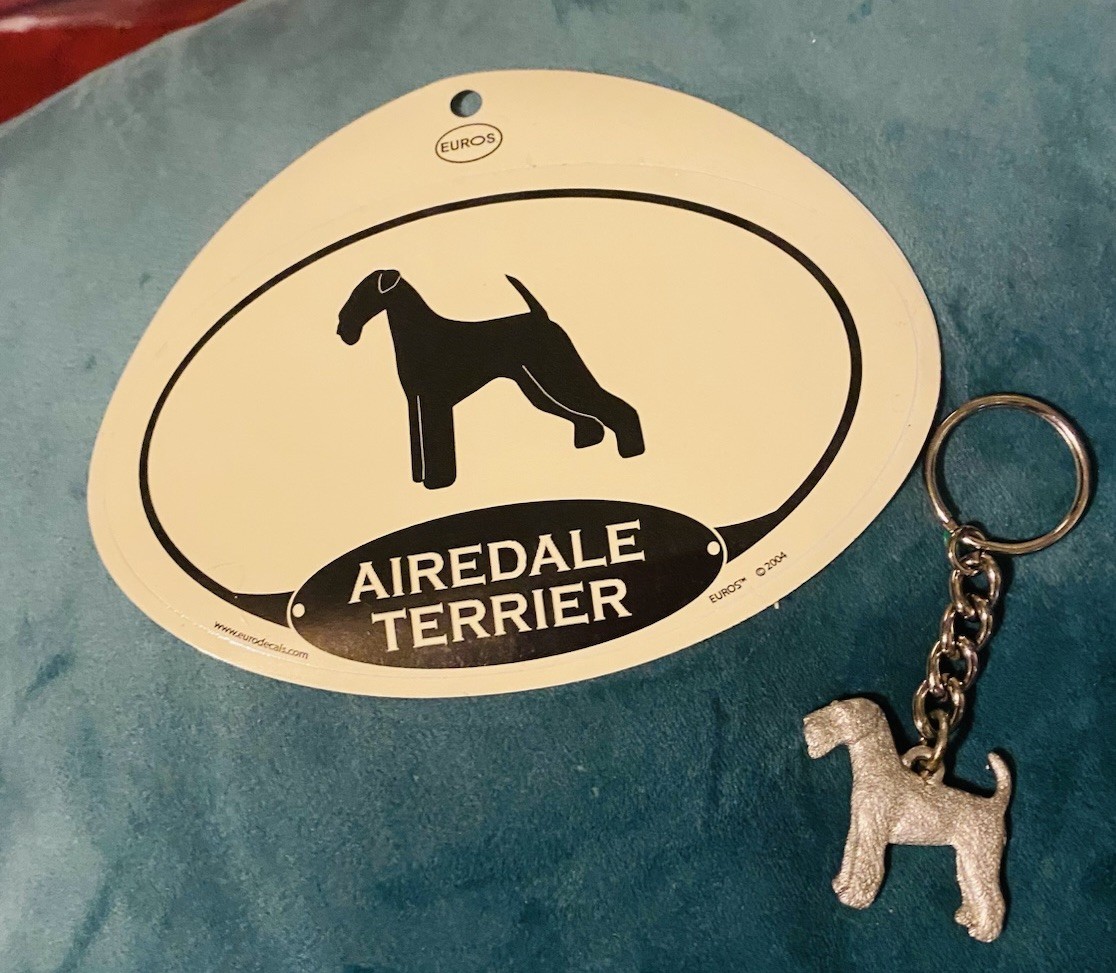 Airdale Terrier Dog Pewter Keychain And Airdale Terrier Euros Sticker UNUSED