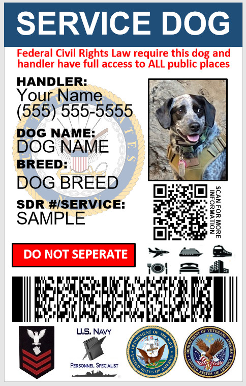 CUSTOMIZABLE CUSTOM SERVICE DOG ID CARD FOR NAVY VETERANS PHYSICAL&DIGITAL CARD