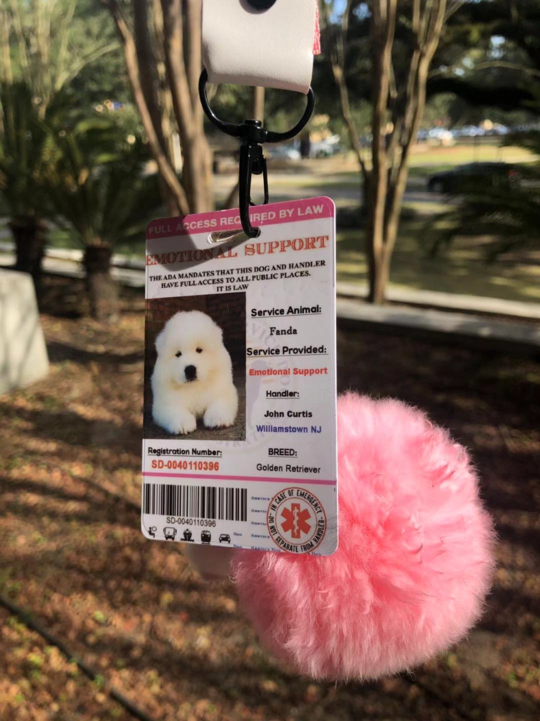 Pink EmotionalSupport Dog Card ID Assistance Animal Badge ADA ESA With Barcode