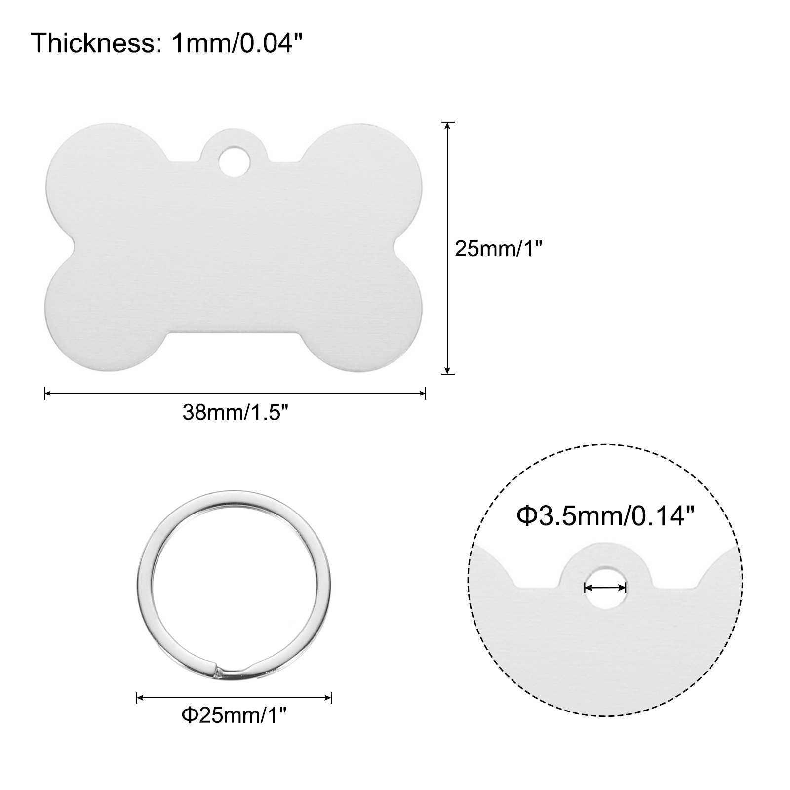 Bone Shaped Dog Tag Pet ID Tag, 1.5″x1″ Metal Silver Tone Blank with Ring,30pcs