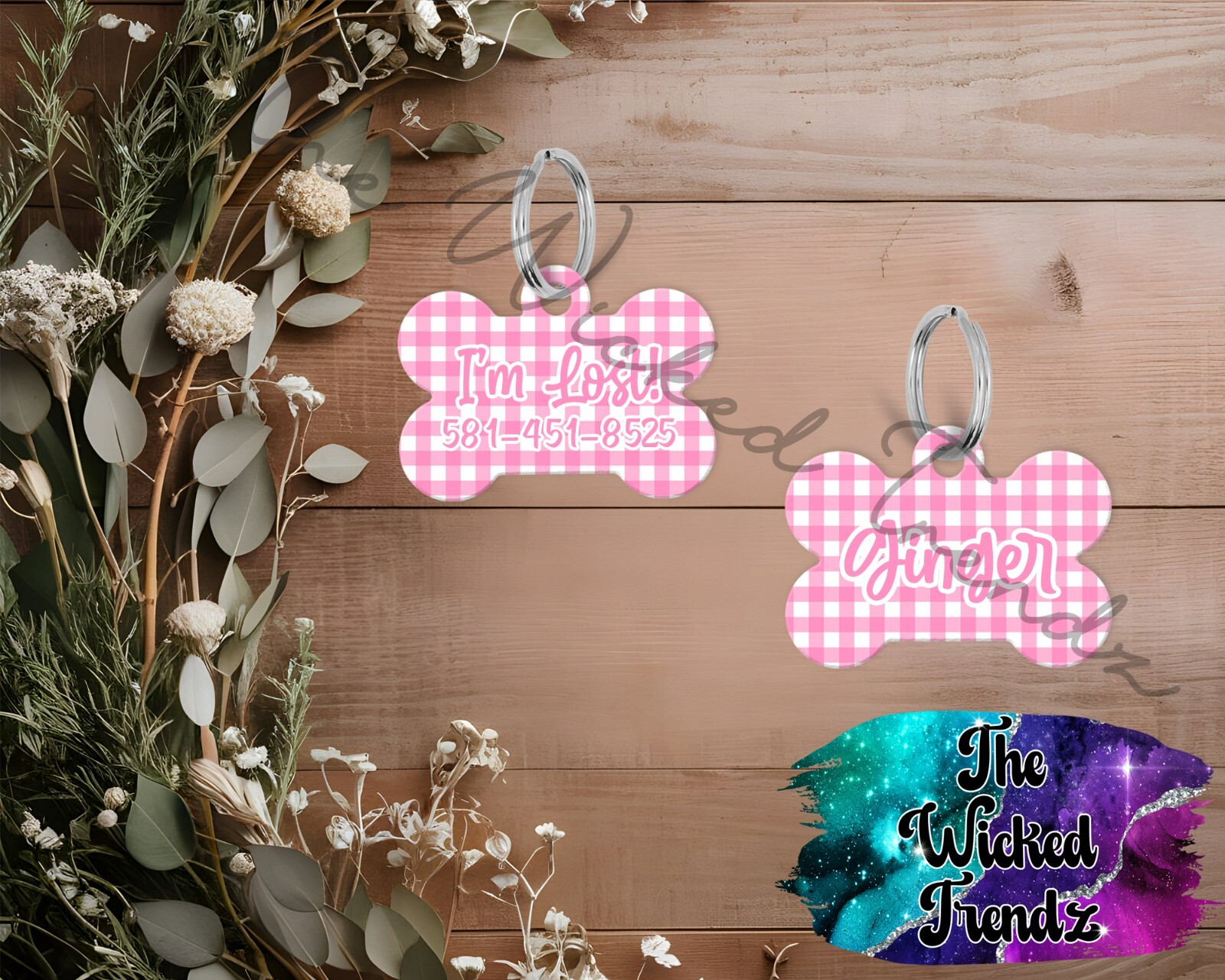 Gingham Pattern Blue Pink Yellow Custom Personalized Pet Name ID Dog Tag Number
