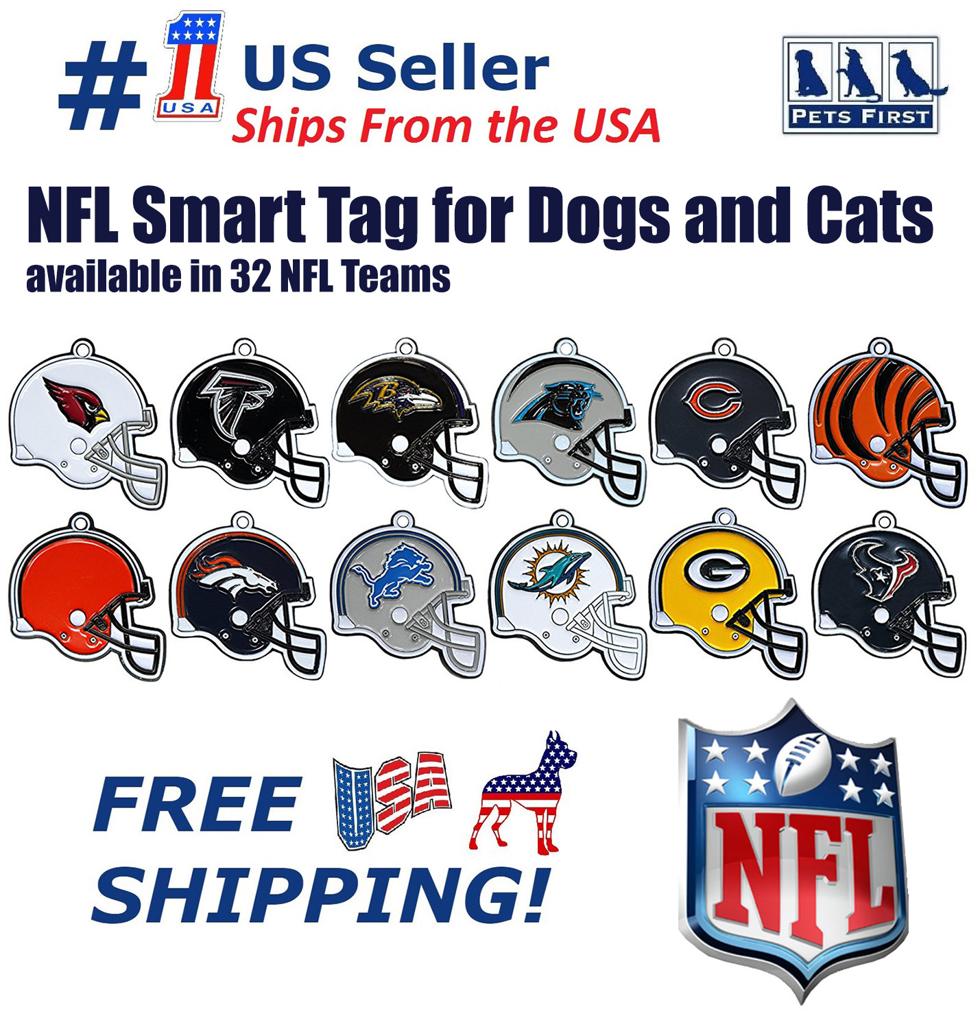 Pets First NFL Smart Tracking Tag for Dogs & Cats Best Lost Dog Retrieval System