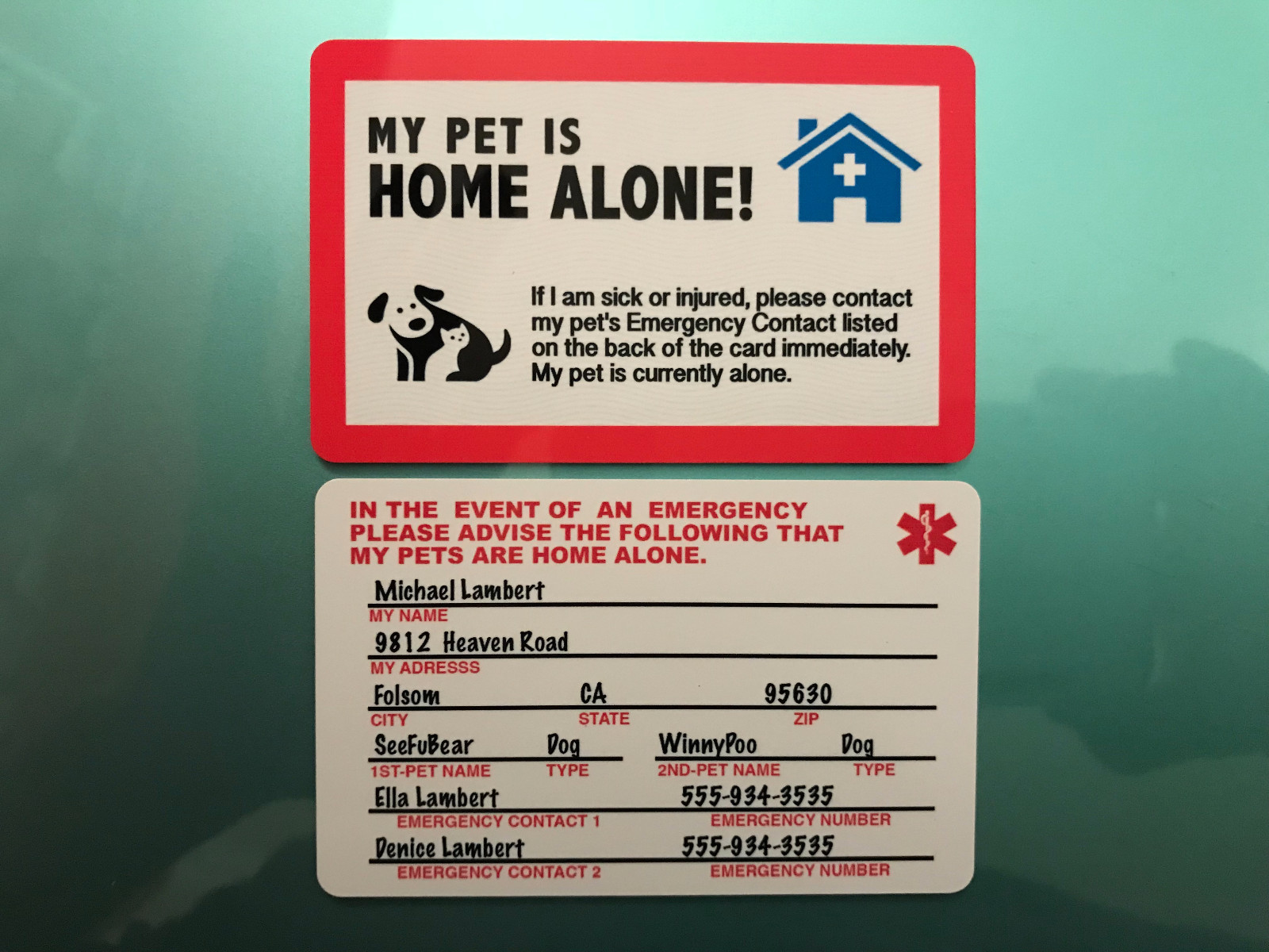 MY DOG IS HOME ALONE – EMERGENCY DOG CAT PET ID WALLET CARD FOR SERVICE DOG ESA