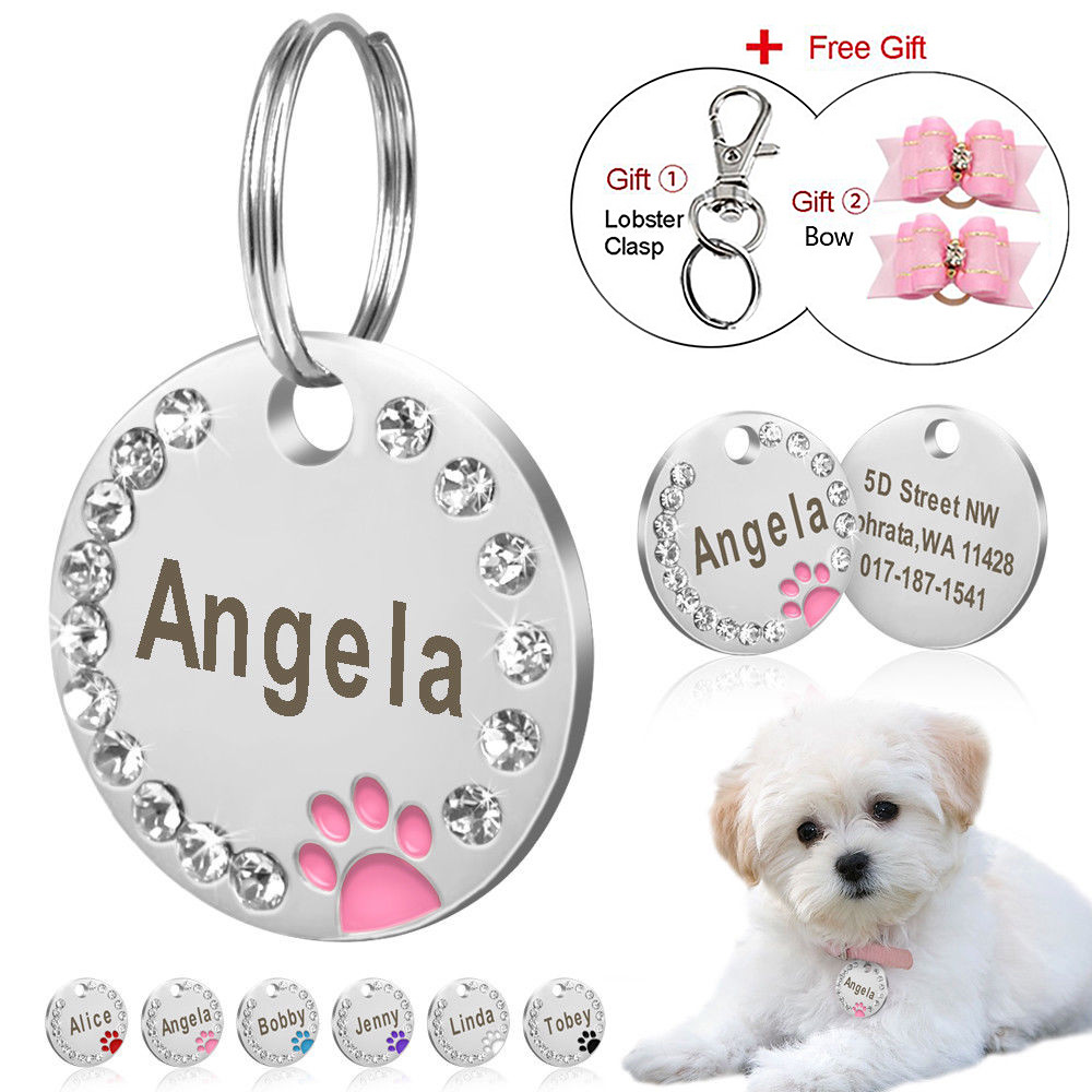 Paw Rhinestone Personalized Dog Tags Pet Cat ID Name Tag Engraved Free Hair Bows