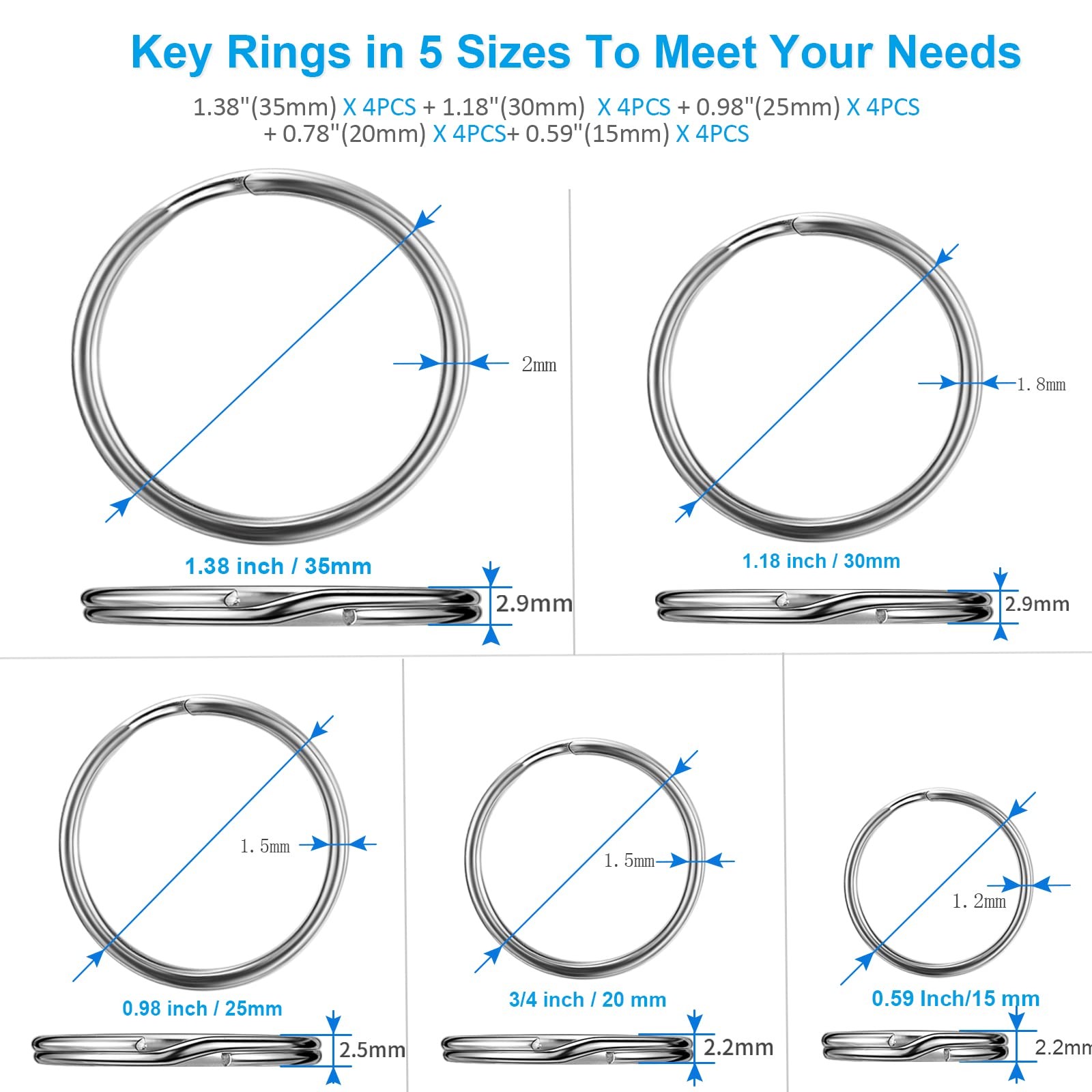 Key Rings Split Metal Assorted 5 Sizes DIY Tag Jewelry Pet Collar Craft