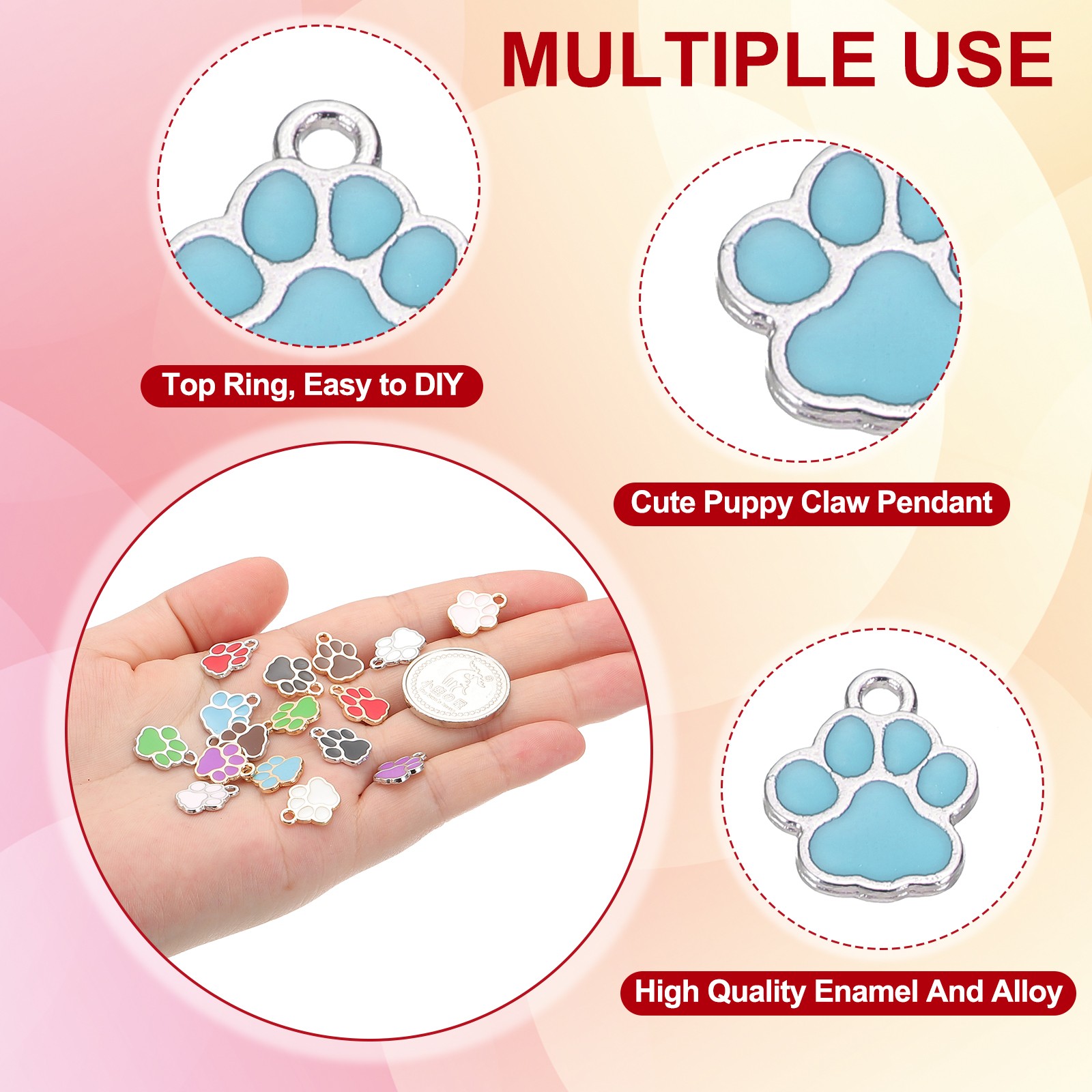 100 Pcs Lake Blue/Silver Enamel Paw Print Charm Alloy Enamel Pendants