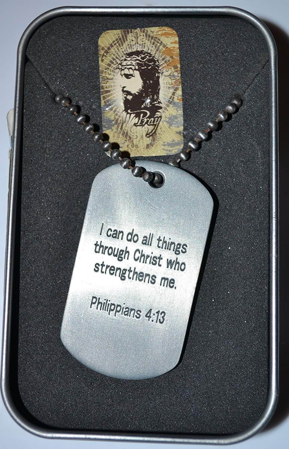 Savior Steel Scripture Dog Tag Necklaces in Tin (Phil 4:13 Jesus)