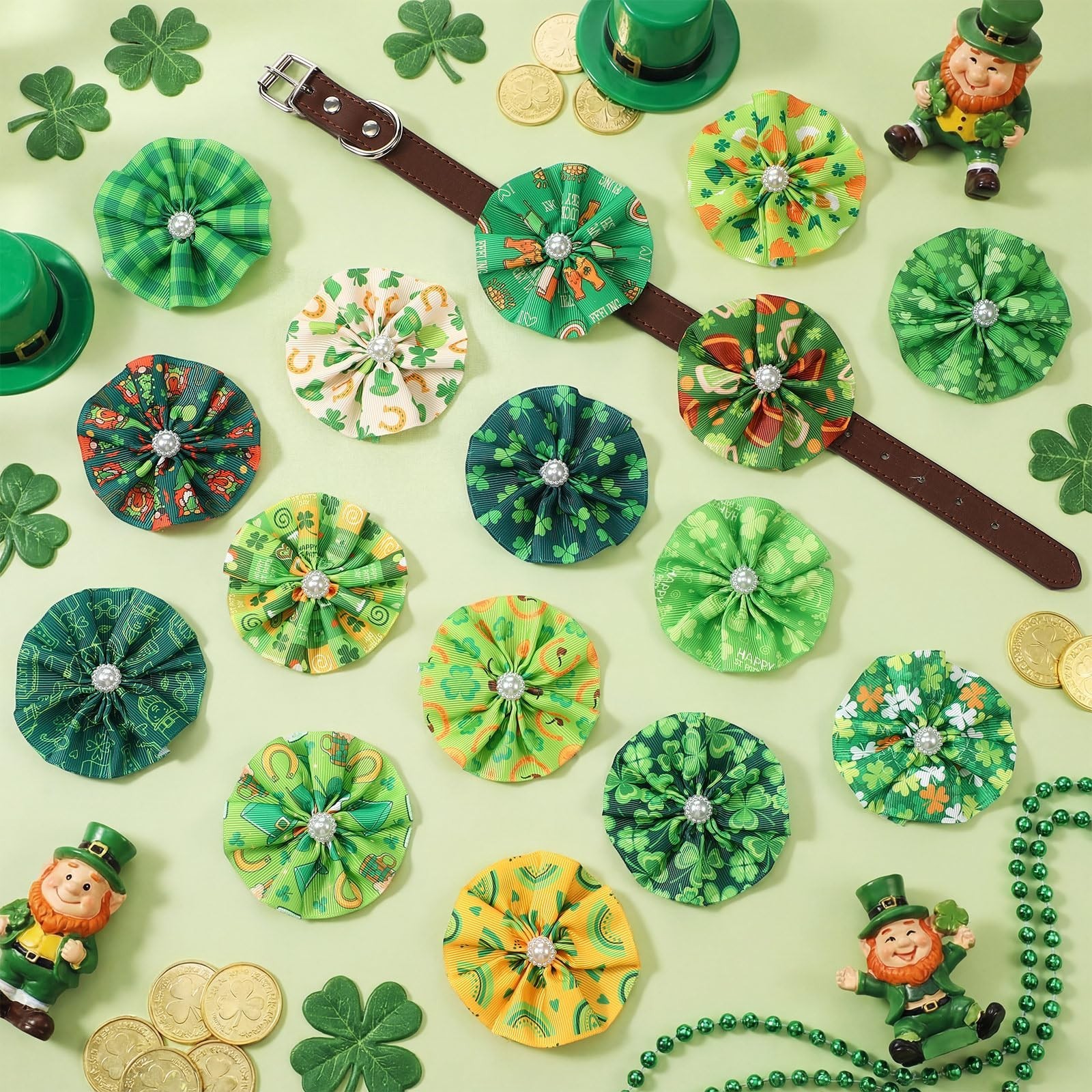 Sweetude 100 Pcs St. Patrick’s Day Dog Collar Flowers Charms Bulk Shamrock Pe…