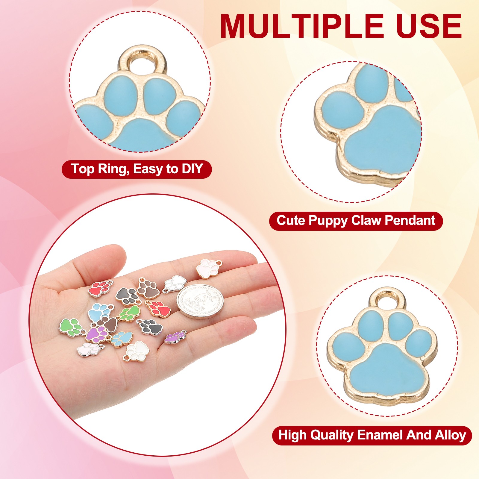 Enamel Paw Print Charm, 100Pcs Alloy Enamel Pendants , Lake Blue/Gold