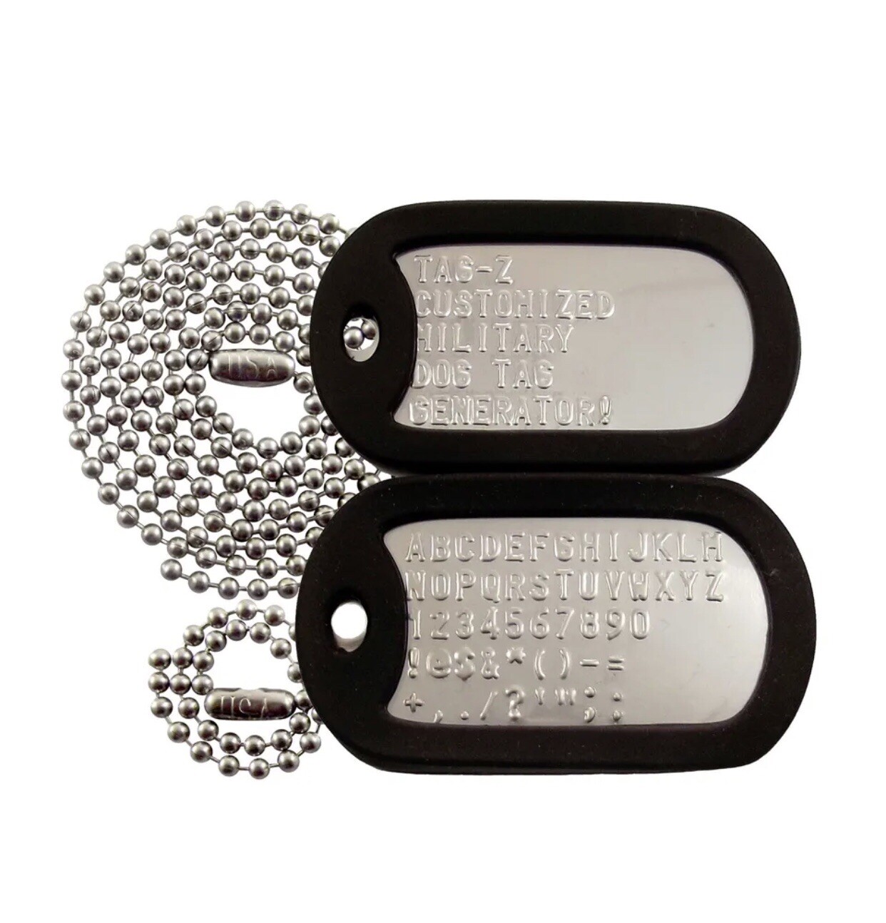 2 Military Dog Tags – Custom Embossed Stainless – GI Identification w/ Silencers