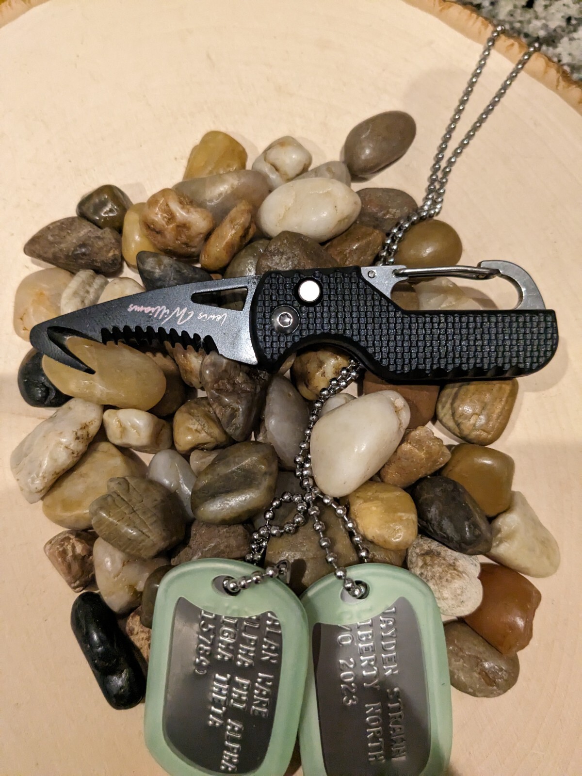 2 Military Dog Tags – Custom Embossed Stainless – GI Identification w/ Knife