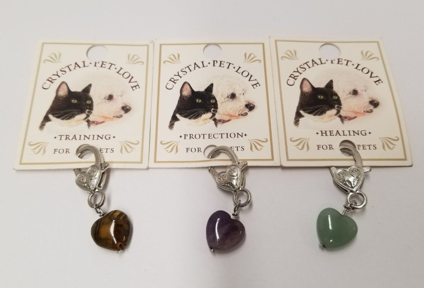 Tiger’s Eye, Amethyst, & Green Aventurine Crystal Heart Pet Collar Charms (3)