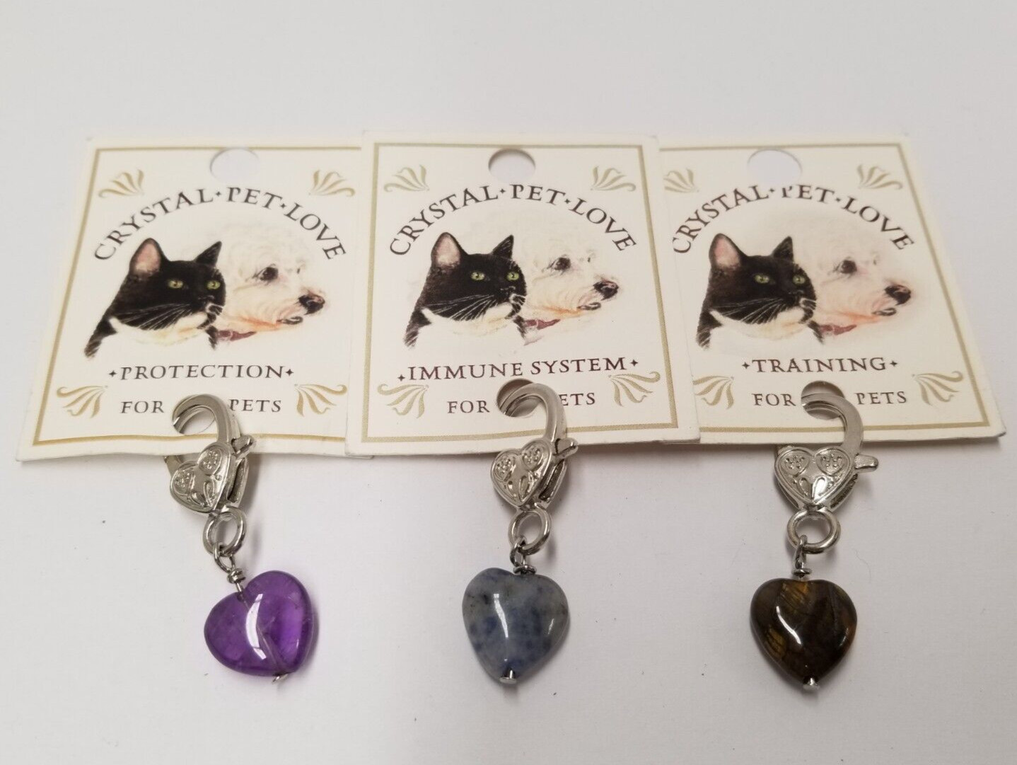 Amethyst, Sodalite, & Tiger’s Eye Crystal Heart Pet Collar Charms (3 Pack)