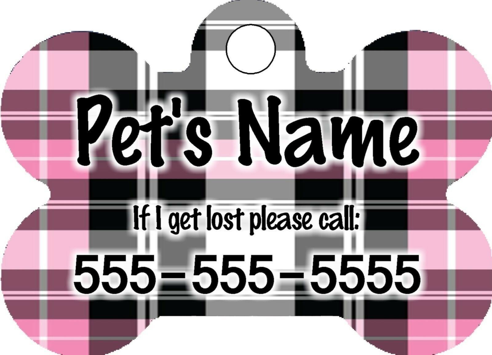 Personalized Custom Pet Tag Bone Shaped Plaid Pink Black White Design Background