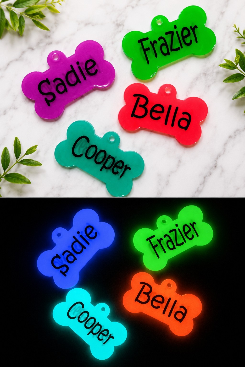 Personalized Resin Bone Dog Tag ID Customized w/ Name, Phone UV GLOW IN THE DARK
