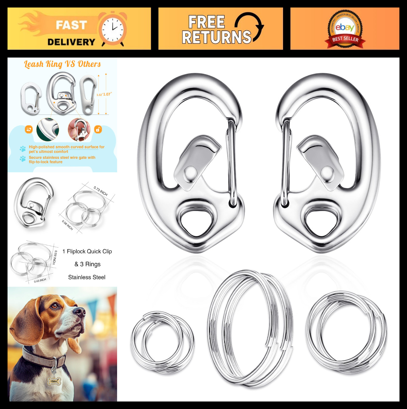 Stainless Steel Contour Carabiner Pet Collar Tag Clip Set – Ultra-Secure & Quick