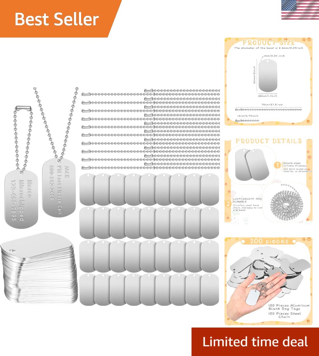Durable 200 Pcs Dog Tag Set: 100 Blank Aluminum Tags & Steel Chains Included