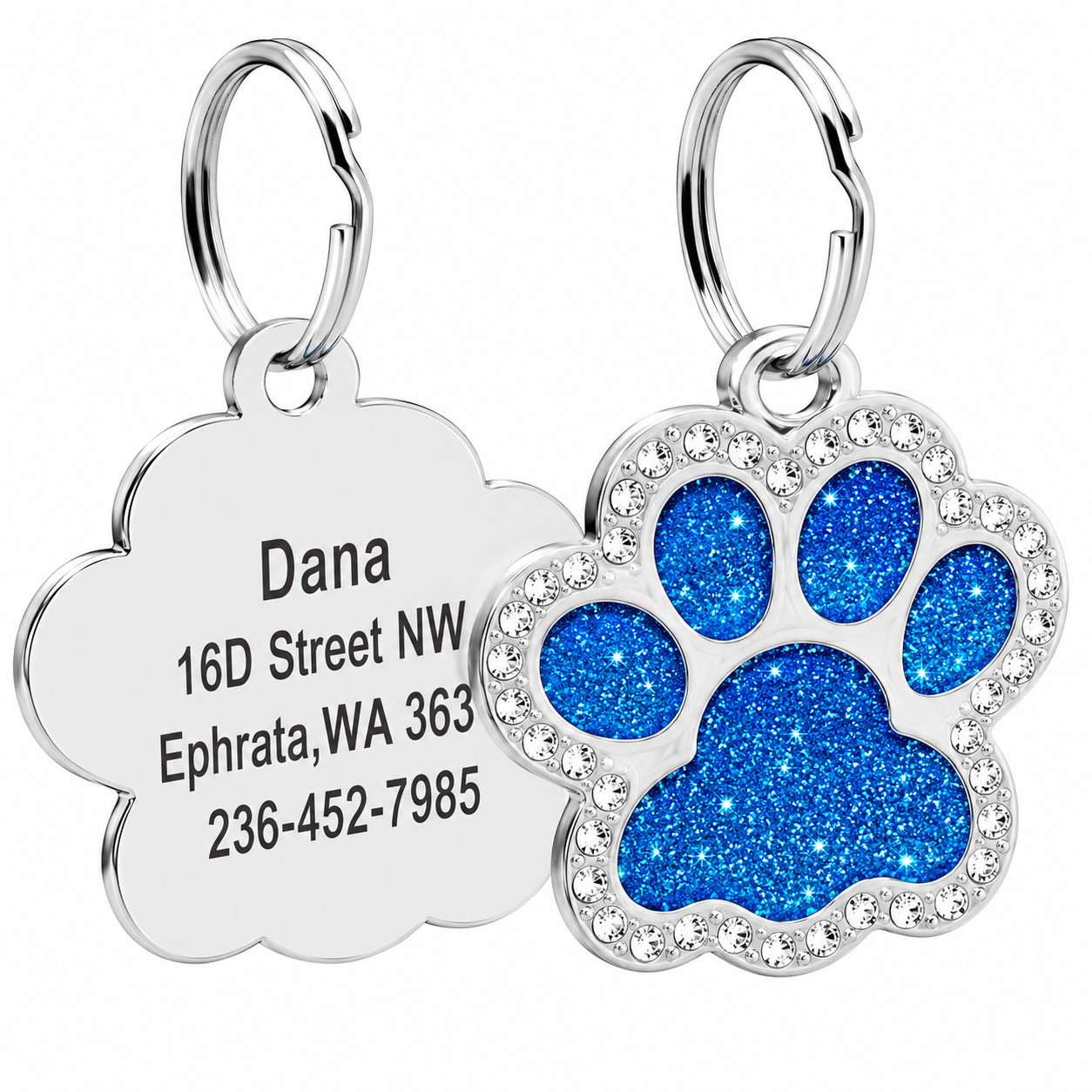 Personalized Pet ID Tag Custom Engraved Dog Cat Name Tag Glitter Paw Charm