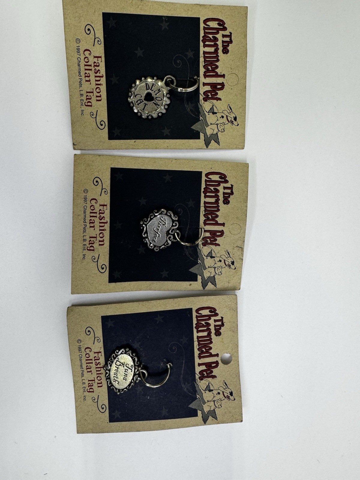 Vintage Dog Cat ID Tags Lot of 3 Pewter The Charmed Pet 1997 Collar Charms Pets