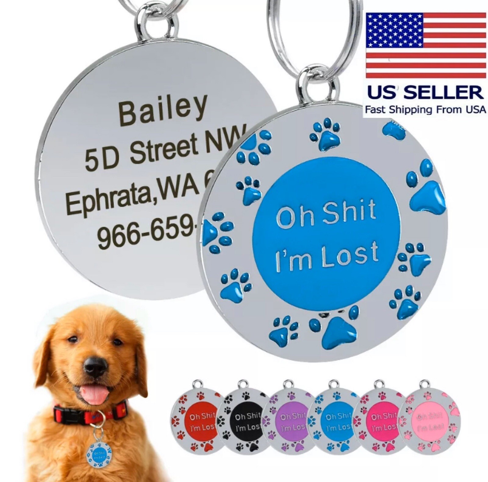 Oh Sh*t I’m Lost Custom Pet Tag ID Name Dog Collar Engraved Funny Tag Split Ring