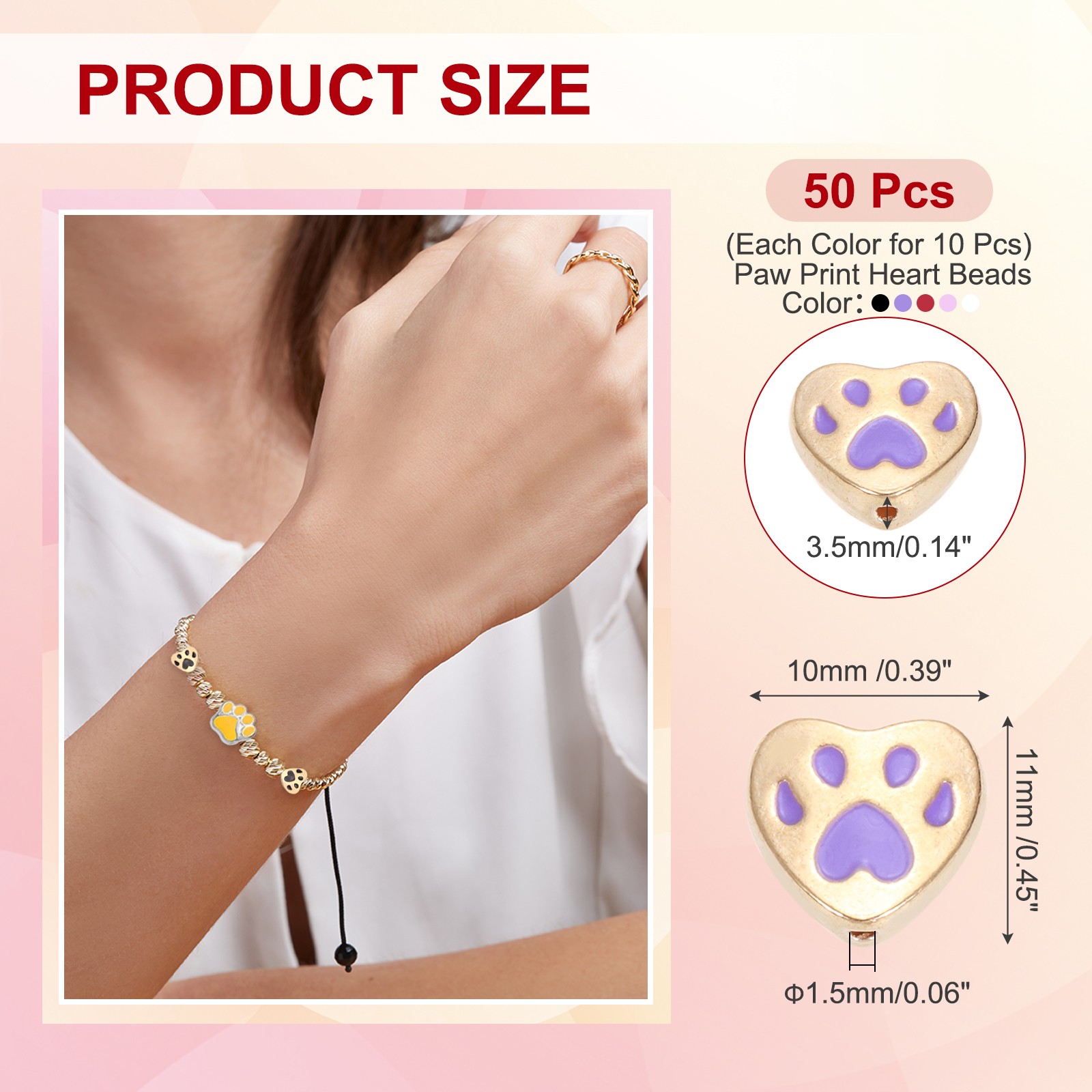 Paw Print Heart Beads, Dog Cat Paw Charms, 50Pcs(Pink/Purple/Red/Black/White)