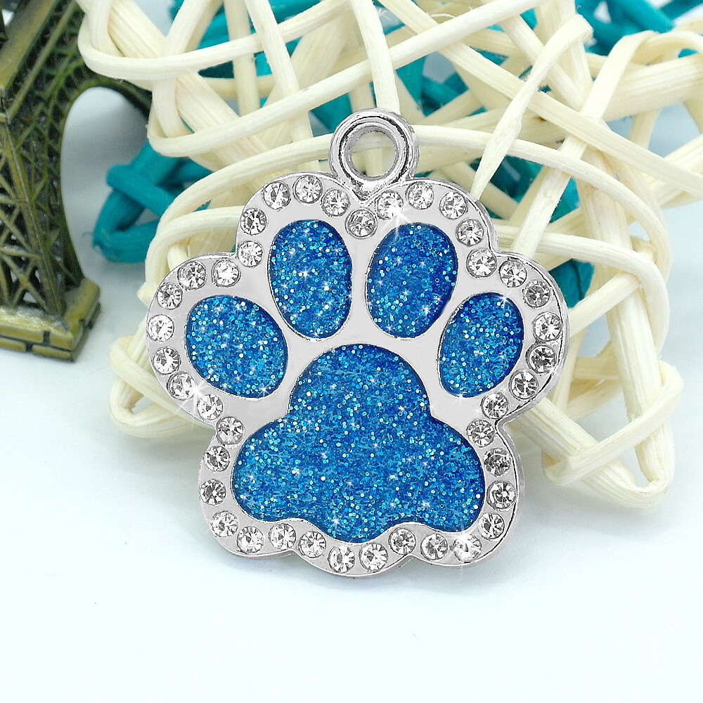 Glitter Paw Dog Tag Bling Rhinestones Personalized Custom Name ID Engraved Cat