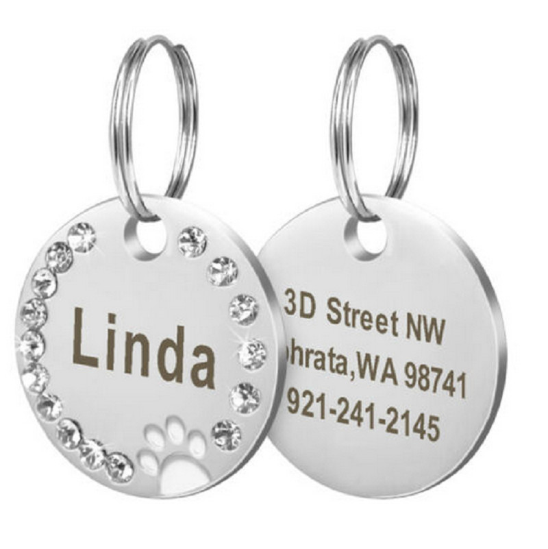 Paw Print Rhinestones Custom Laser Engraved Dog Cat Tag Personalized/Free Ring