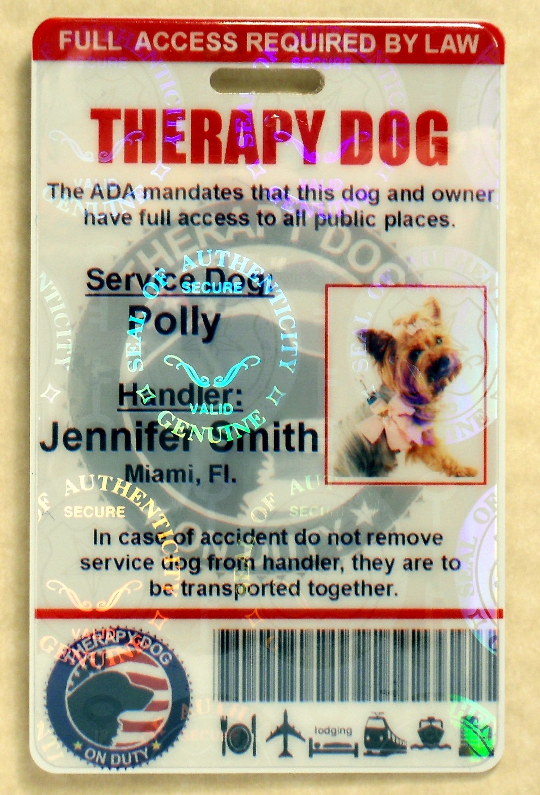 HOLOGRAPHIC THERAPY SUPPORT DOG ID CARD FOR SERVICE DOG ADA RATED 0THR