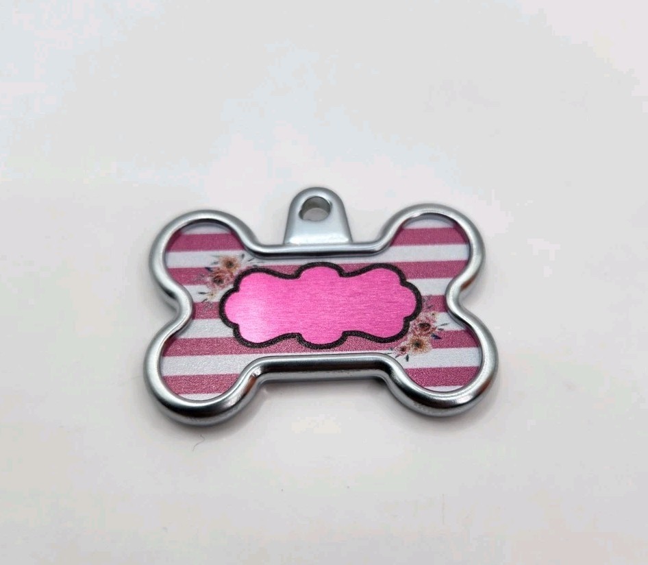 Dog Tag Works Custom Pink Stripe Floral Engravable New Pet Collar Charm Keychain