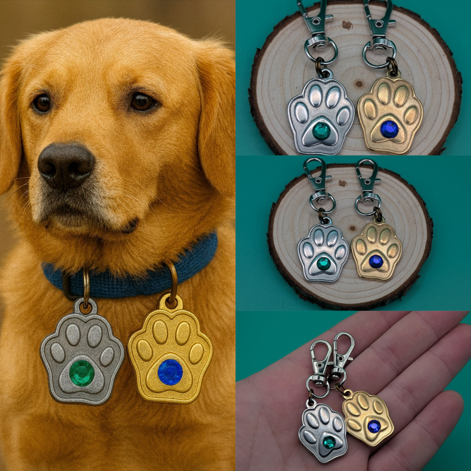 Gold Dog Paw Charm for Collar or Keychain, Custom Dog Tag with Acrylic