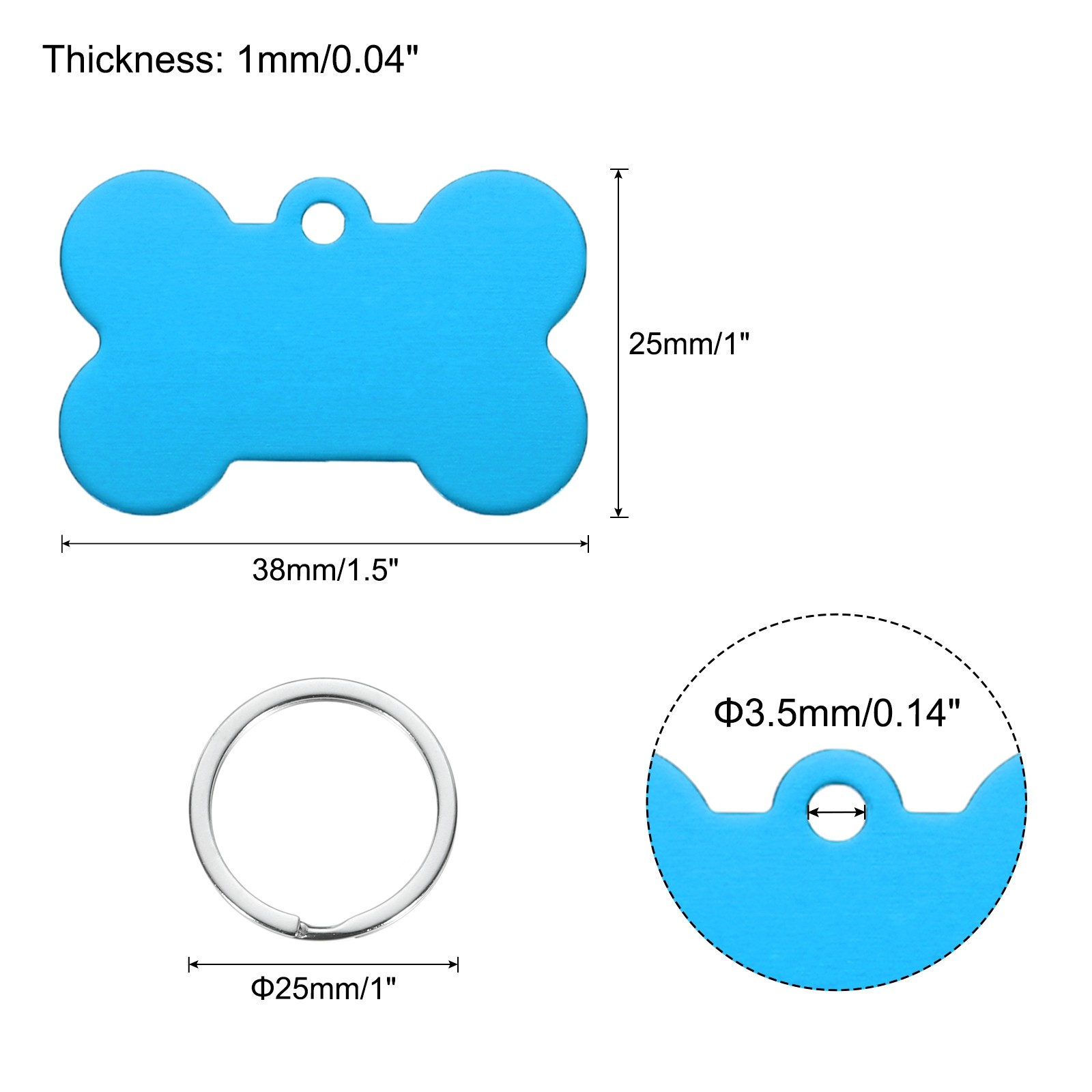 Bone Shaped Dog Tag Pet ID Tags, 1.5″x1″ Metal Lake Blue Blank with Ring,10pcs