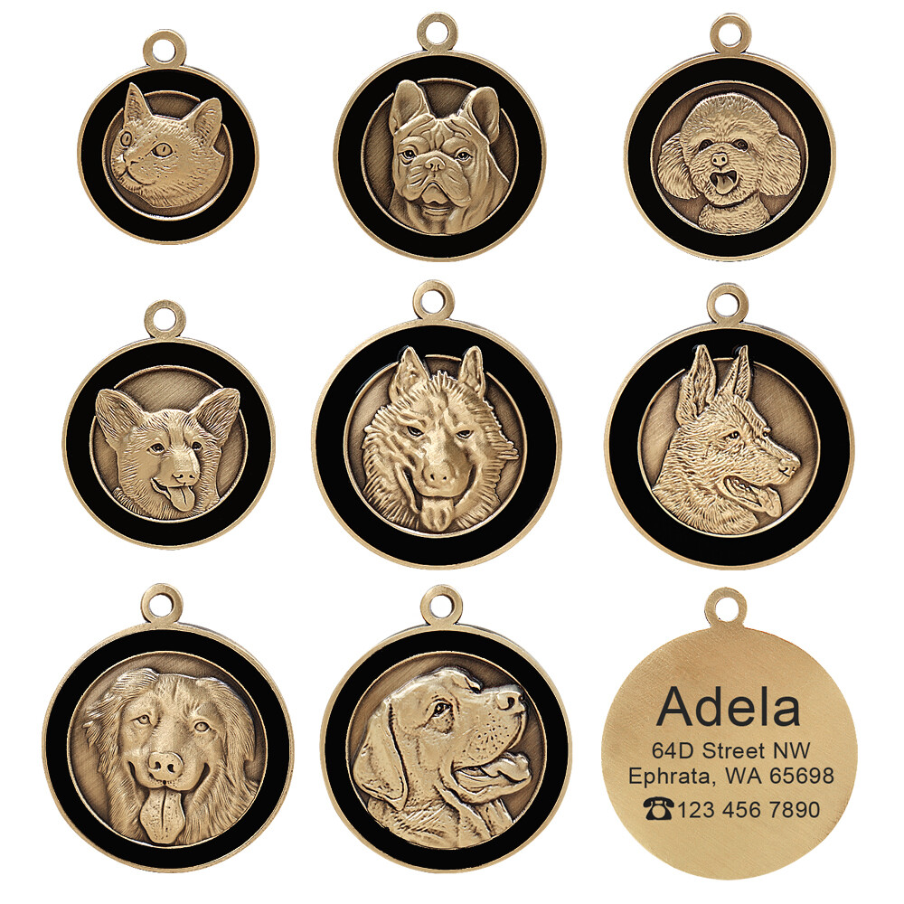 Personalized 3D Gold Dog Tag 8 Breeds Patterns Cat Bulldog Labrador Husky Poodle
