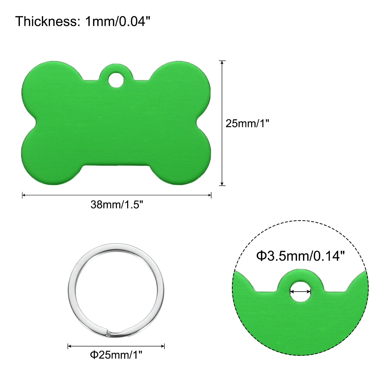 Bone Shaped Dog Tag Pet ID Tags, 1.5″x1″ Metal Green Blank with Ring, 30pcs