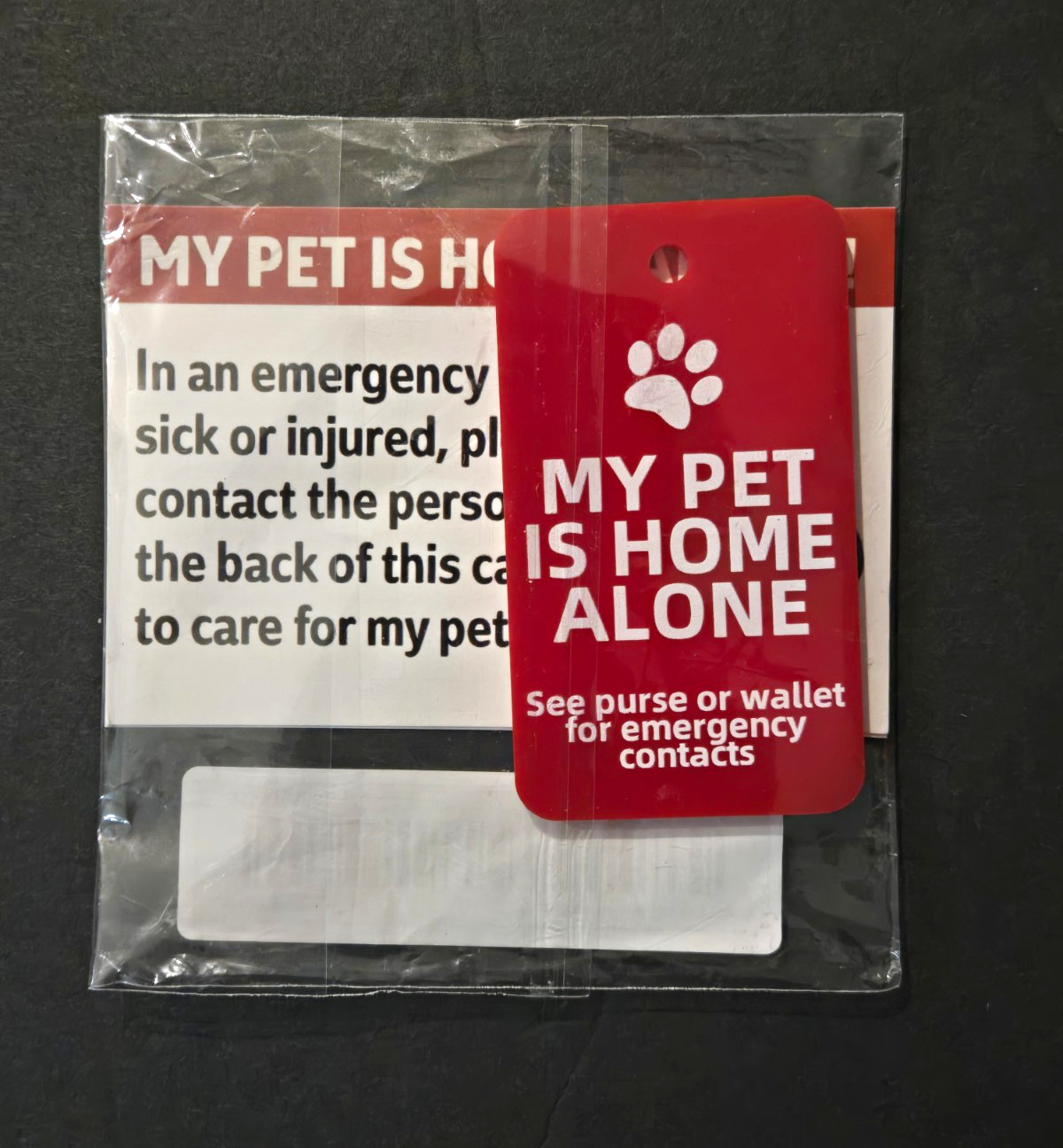 Red Plastic Printed ID Tag “My Pet Is Home Alone” Emergency Contact Alert Charm